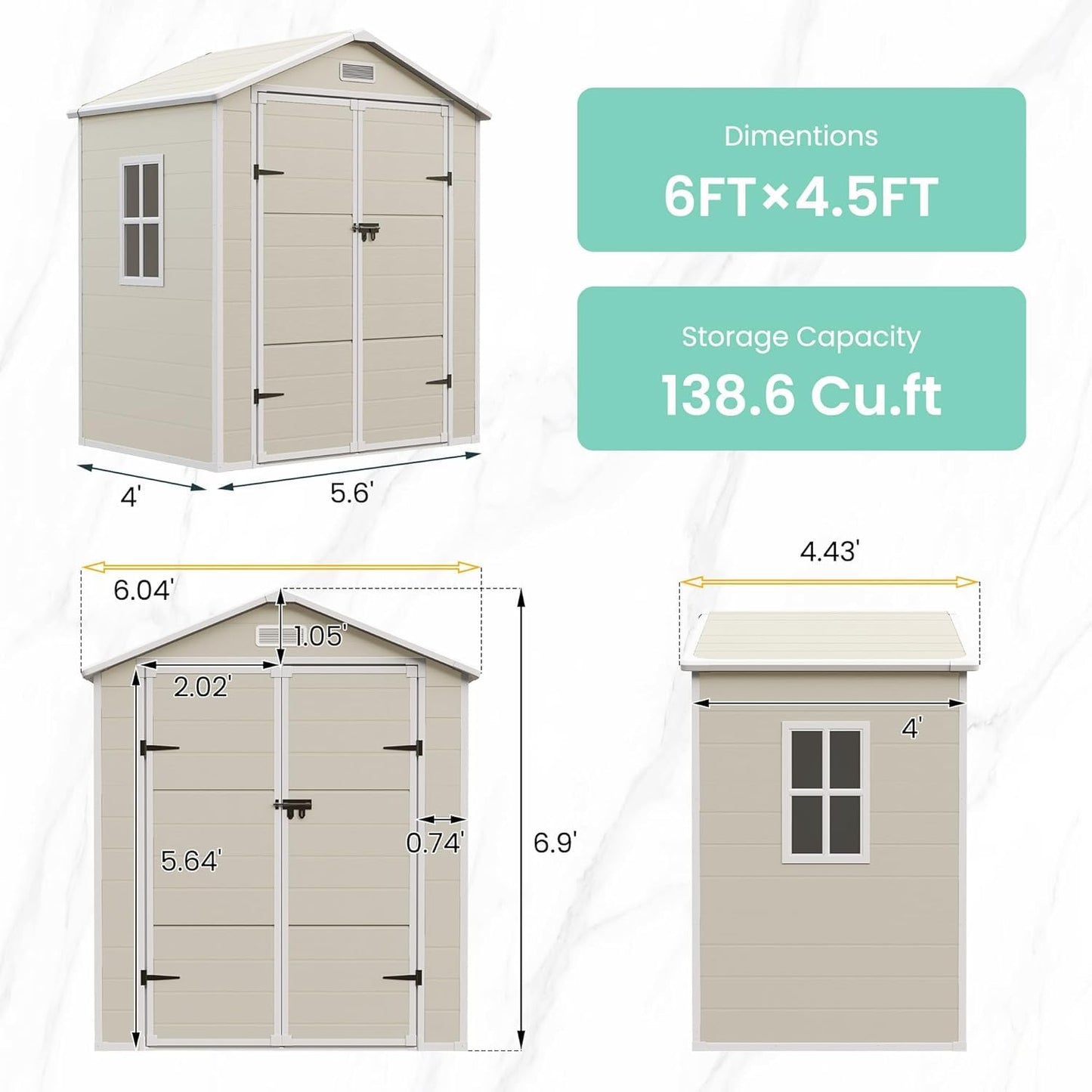 UDPATIO Outdoor Resin Storage Shed 6x4.5 FT, Plastic Garden Shed for Bike, Garbage Can, Tool, Outside Sheds & Outdoor Storage Storage Box with Lockable Door for Backyard, Patio, Lawn, Grey & White