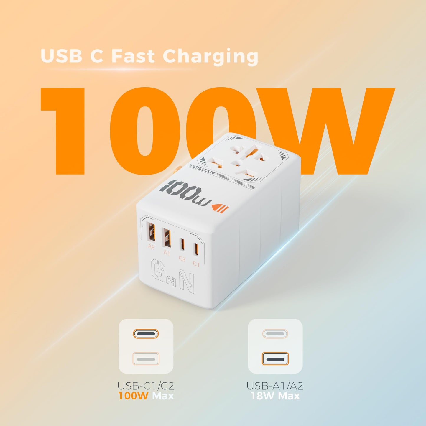 TESSAN Universal Travel Adapter Worldwide with 2 USB C and 2 USB A Ports