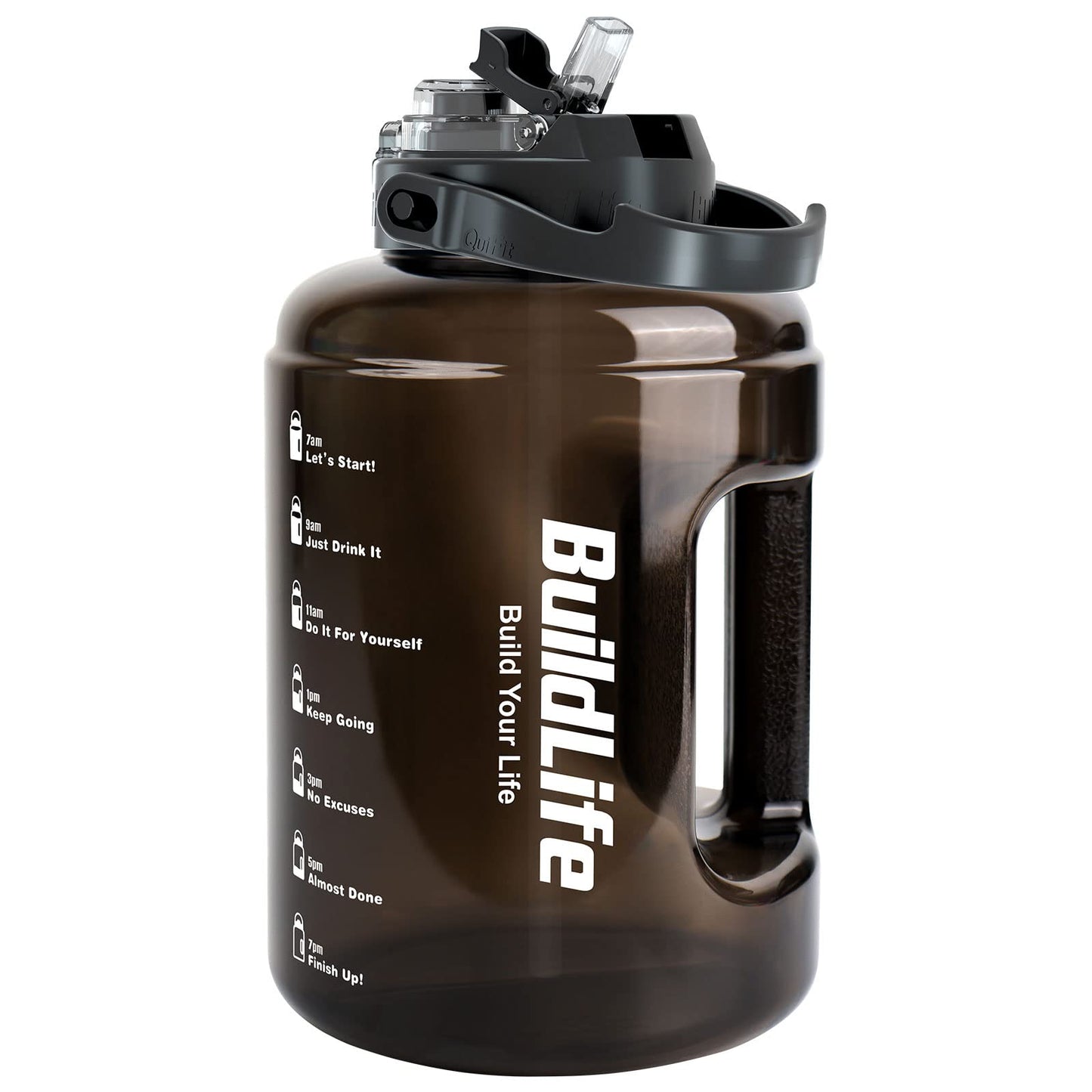 BuildLife Water Bottles with Straw & Flip Cap 2 in 1 Lid - Large Water Bottle with Time Markings BPA Free Leak Proof Wide Mouth Drinks Bottle,2.5 Litre Durable Sports Water Bottle (Black)