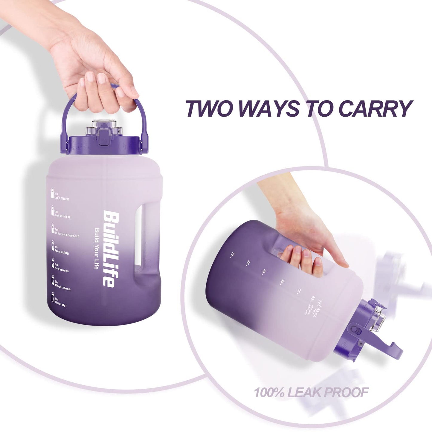 BuildLife Water Bottles with Straw & Flip Cap 2 in 1 Lid - Large Water Bottle with Time Markings BPA Free Leak Proof Wide Mouth Drinks Bottle,2.5 Litre Durable Sports Water Bottle (Black)