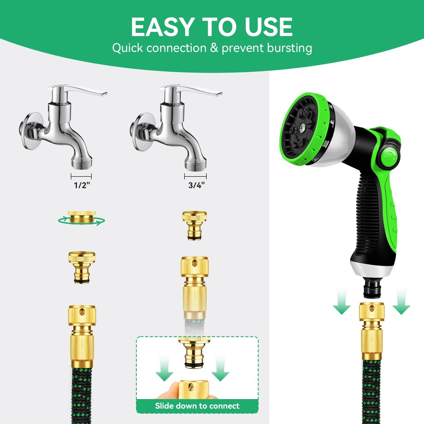 Yofidra 100FT Garden Hose – Upgraded 3-Layer Latex, No-Kink Expandable Water Hose with 3/4" & 1/2" Metal Connectors, 10-Function Spray Nozzle, Flexible Hose Pipe for Gardening, Washing & Cleaning