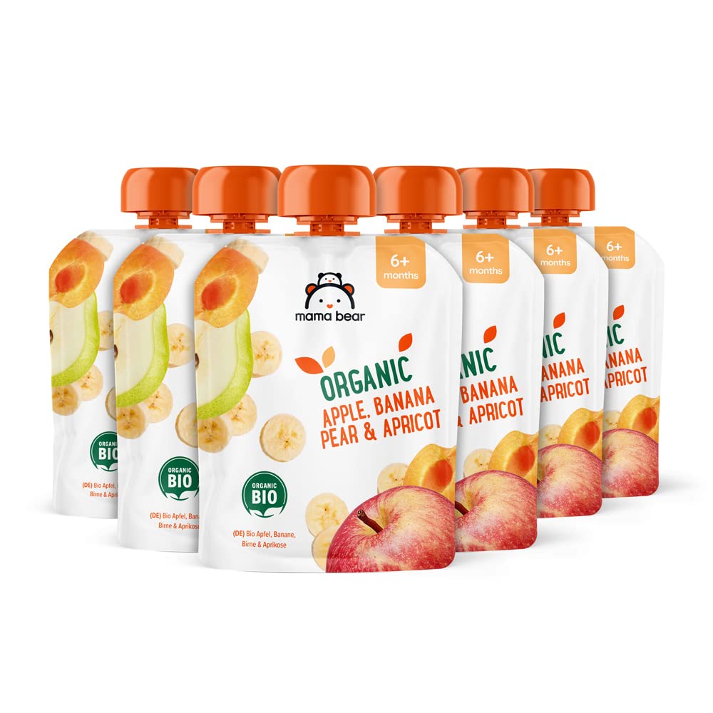 Amazon Brand - Mama Bear Fruit Pouch, Organic Apple, Banana and Strawberry Purée, vegetarian, 90 g (Pack of 6)