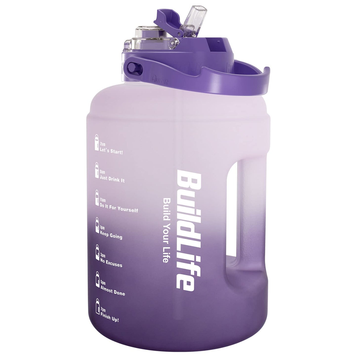 BuildLife Water Bottles with Straw & Flip Cap 2 in 1 Lid - Large Water Bottle with Time Markings BPA Free Leak Proof Wide Mouth Drinks Bottle,2.5 Litre Durable Sports Water Bottle (Black)