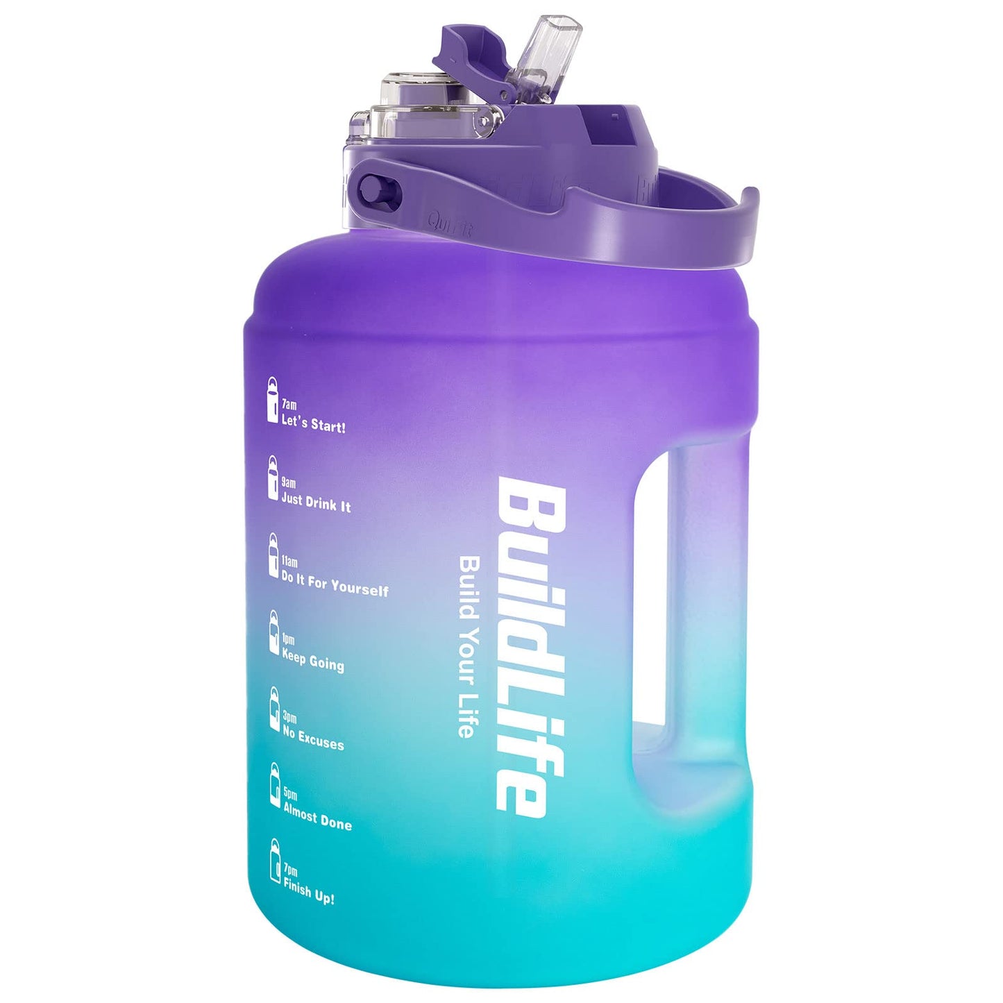 BuildLife Water Bottles with Straw & Flip Cap 2 in 1 Lid - Large Water Bottle with Time Markings BPA Free Leak Proof Wide Mouth Drinks Bottle,2.5 Litre Durable Sports Water Bottle (Black)