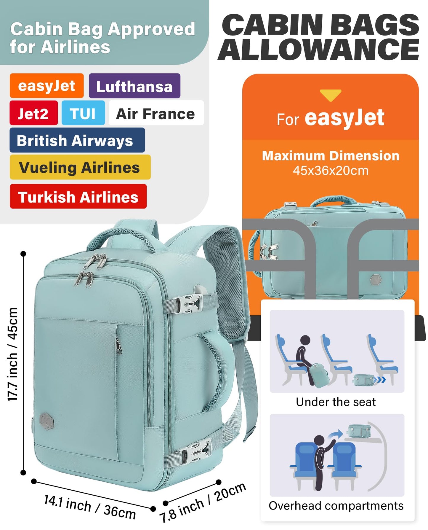VANKEV Ryanair Cabin Bag 40x20x25 Underseat 20L