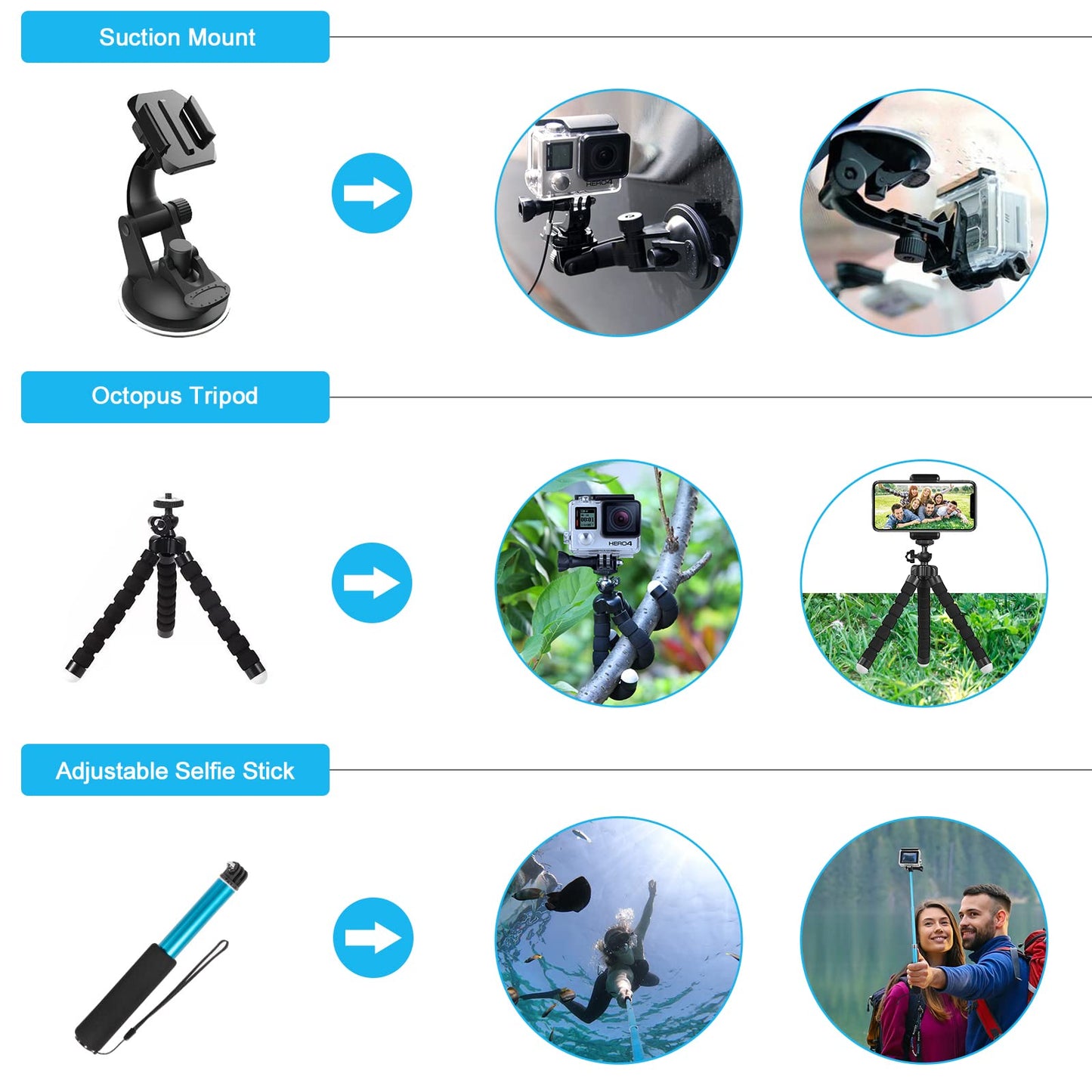 Artman Action Camera Accessories Kit 60-In-1 for GoPro Hero 13 12 11 10 9 Insta360 X4 X3 X2 GO3S DJI OSMO Action 5 4 3 SJCAM DBPOWER AKASO VicTsing APEMAN WiMiUS QUMOX Lightdow Campark Sony Sports DV
