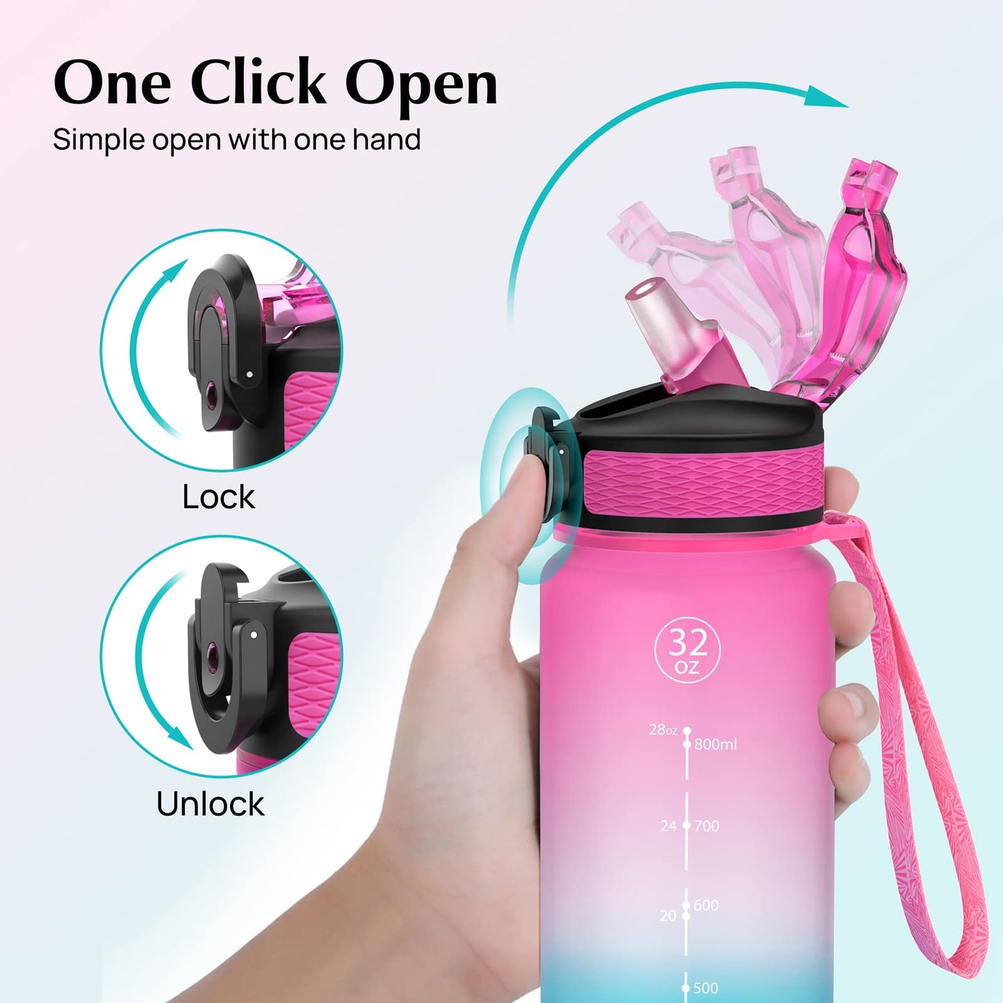 EYQ Water Bottle 1L / 500ML, 16oz / 32oz Leak-Proof Motivational Sports Drinks Bottle with Time Marker, Tritan BPA-Free, Drinking Waterbottles for Fitness, School, Gym, Outdoor Sports