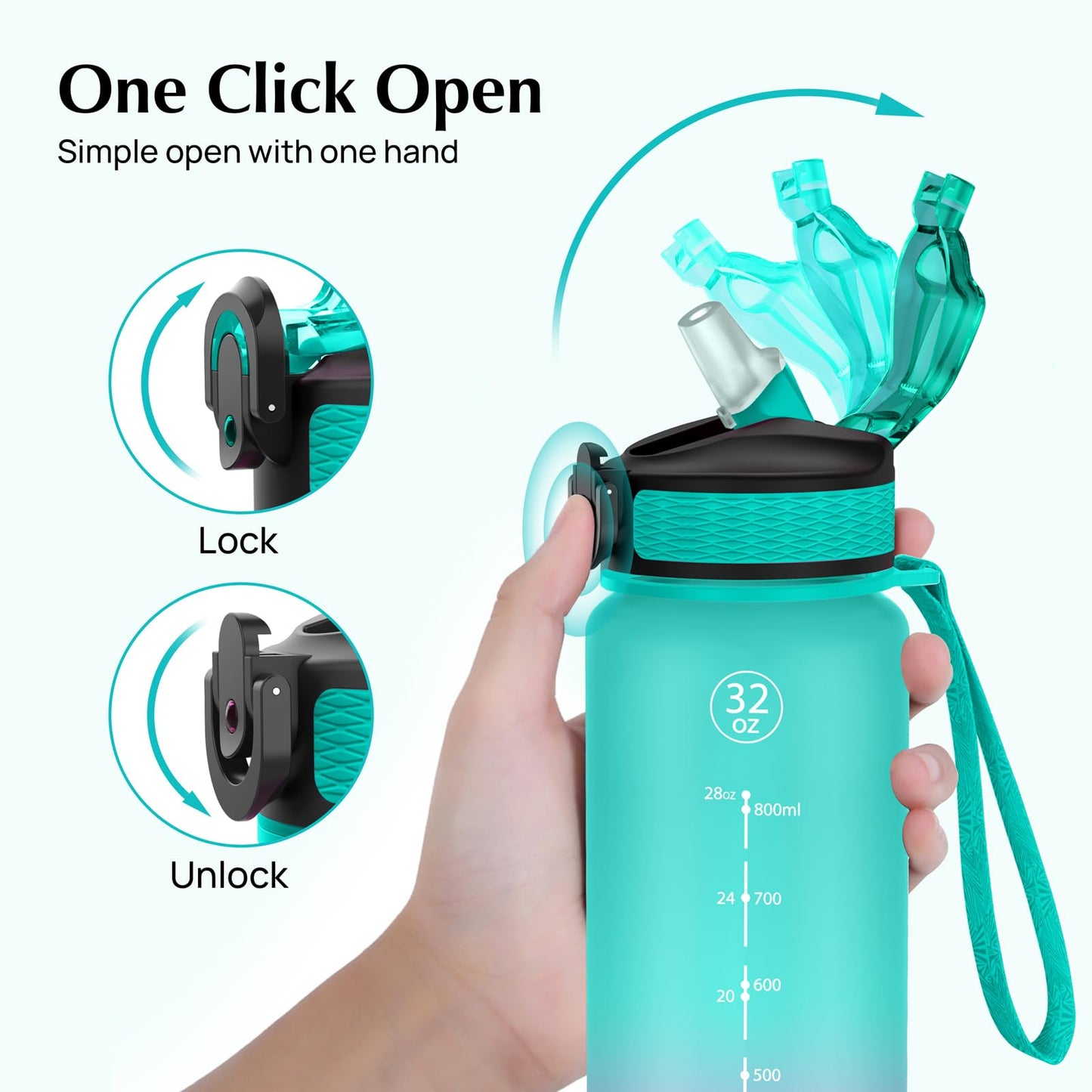 EYQ Water Bottle 1L / 500ML, 16oz / 32oz Leak-Proof Motivational Sports Drinks Bottle with Time Marker, Tritan BPA-Free, Drinking Waterbottles for Fitness, School, Gym, Outdoor Sports