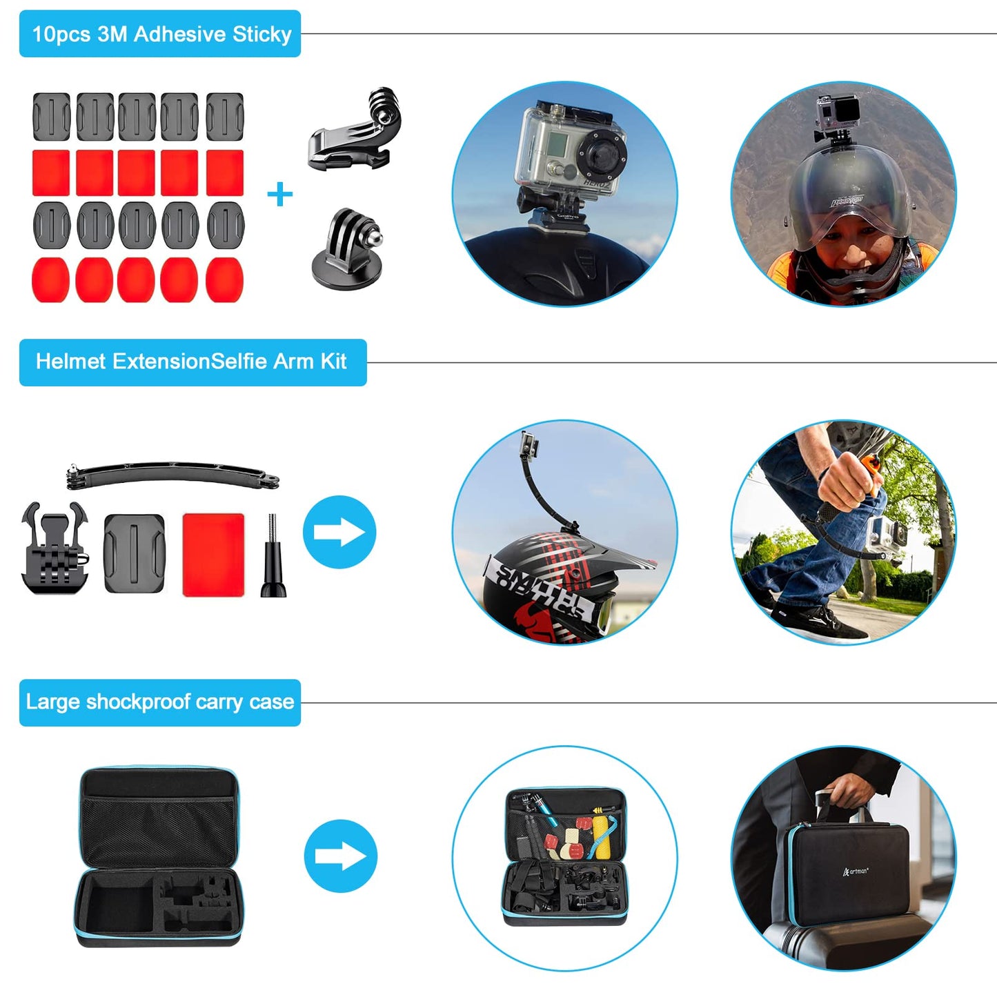 Artman Action Camera Accessories Kit 60-In-1 for GoPro Hero 13 12 11 10 9 Insta360 X4 X3 X2 GO3S DJI OSMO Action 5 4 3 SJCAM DBPOWER AKASO VicTsing APEMAN WiMiUS QUMOX Lightdow Campark Sony Sports DV