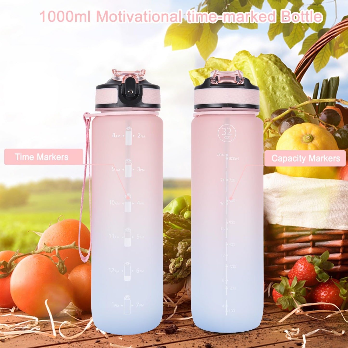 EYQ Water Bottle 1L / 500ML, 16oz / 32oz Leak-Proof Motivational Sports Drinks Bottle with Time Marker, Tritan BPA-Free, Drinking Waterbottles for Fitness, School, Gym, Outdoor Sports