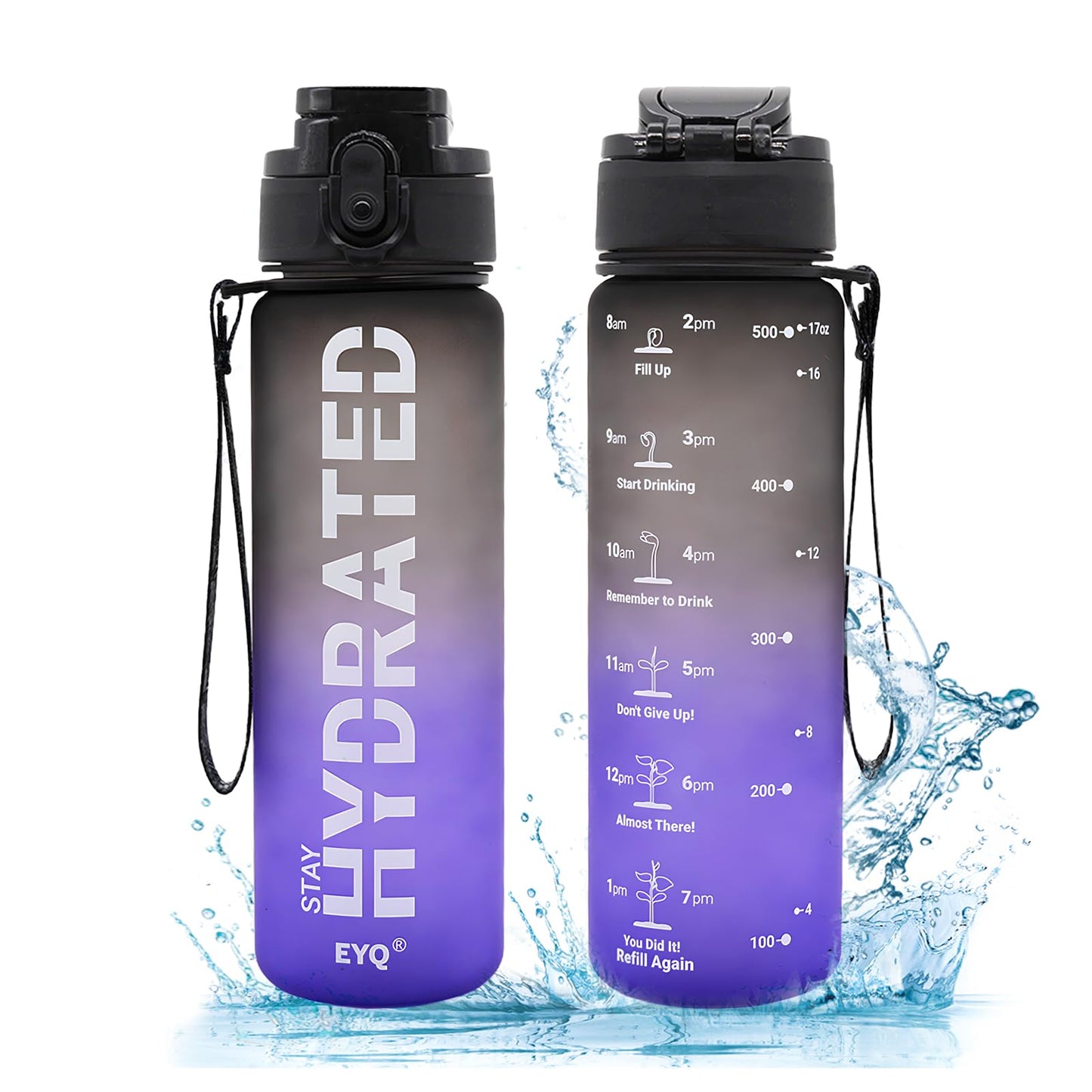 EYQ Water Bottle 1L / 500ML, 16oz / 32oz Leak-Proof Motivational Sports Drinks Bottle with Time Marker, Tritan BPA-Free, Drinking Waterbottles for Fitness, School, Gym, Outdoor Sports