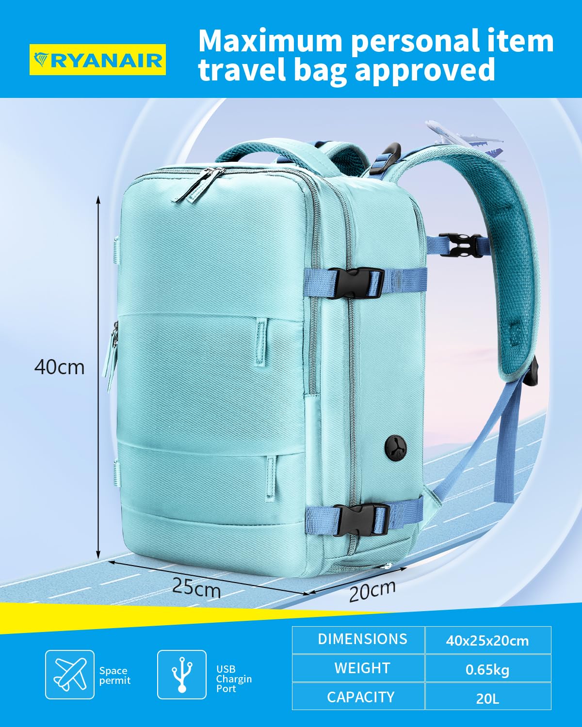 Cabin Bags for Ryanair 40x20x25 Underseat Travel Bag