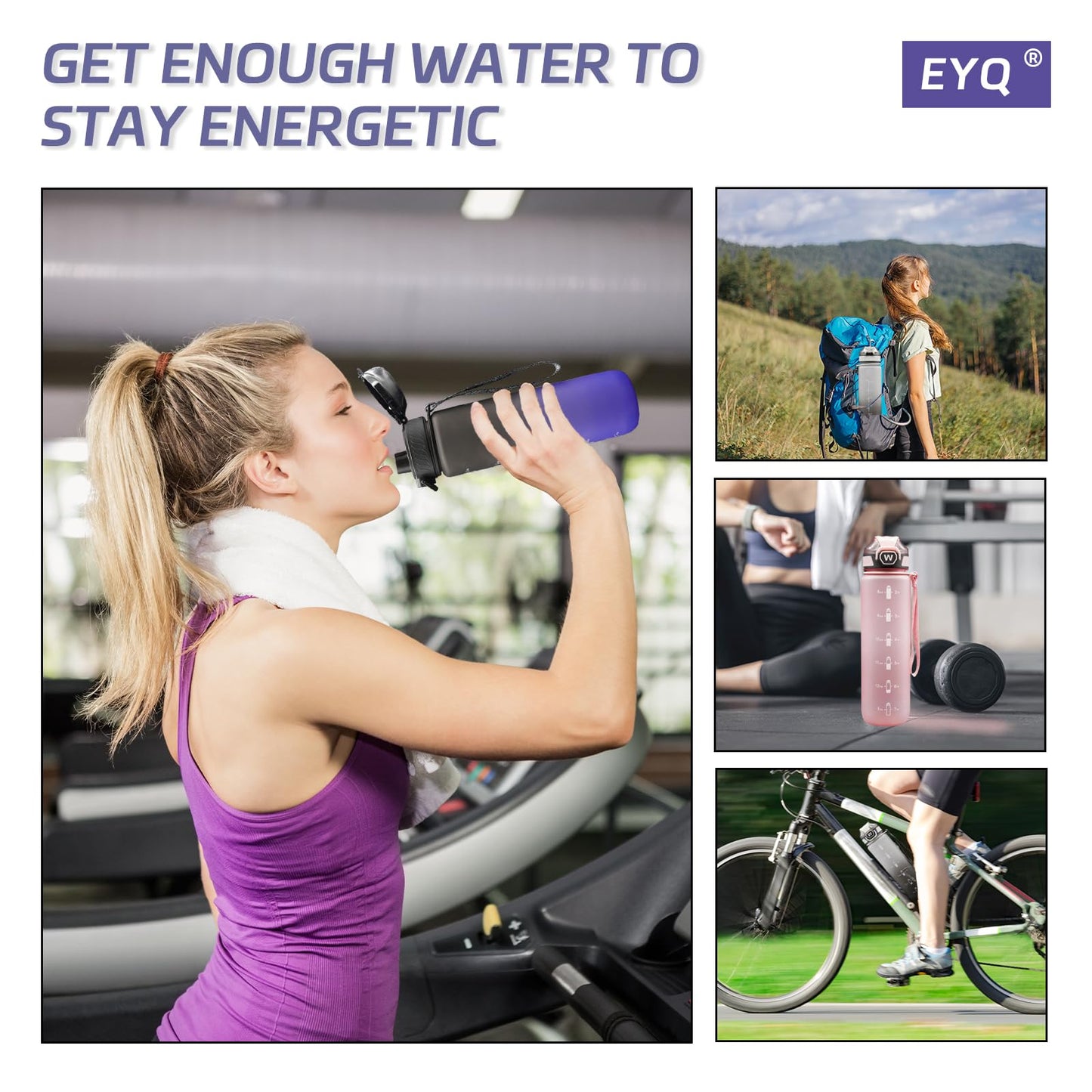 EYQ Water Bottle 1L / 500ML, 16oz / 32oz Leak-Proof Motivational Sports Drinks Bottle with Time Marker, Tritan BPA-Free, Drinking Waterbottles for Fitness, School, Gym, Outdoor Sports