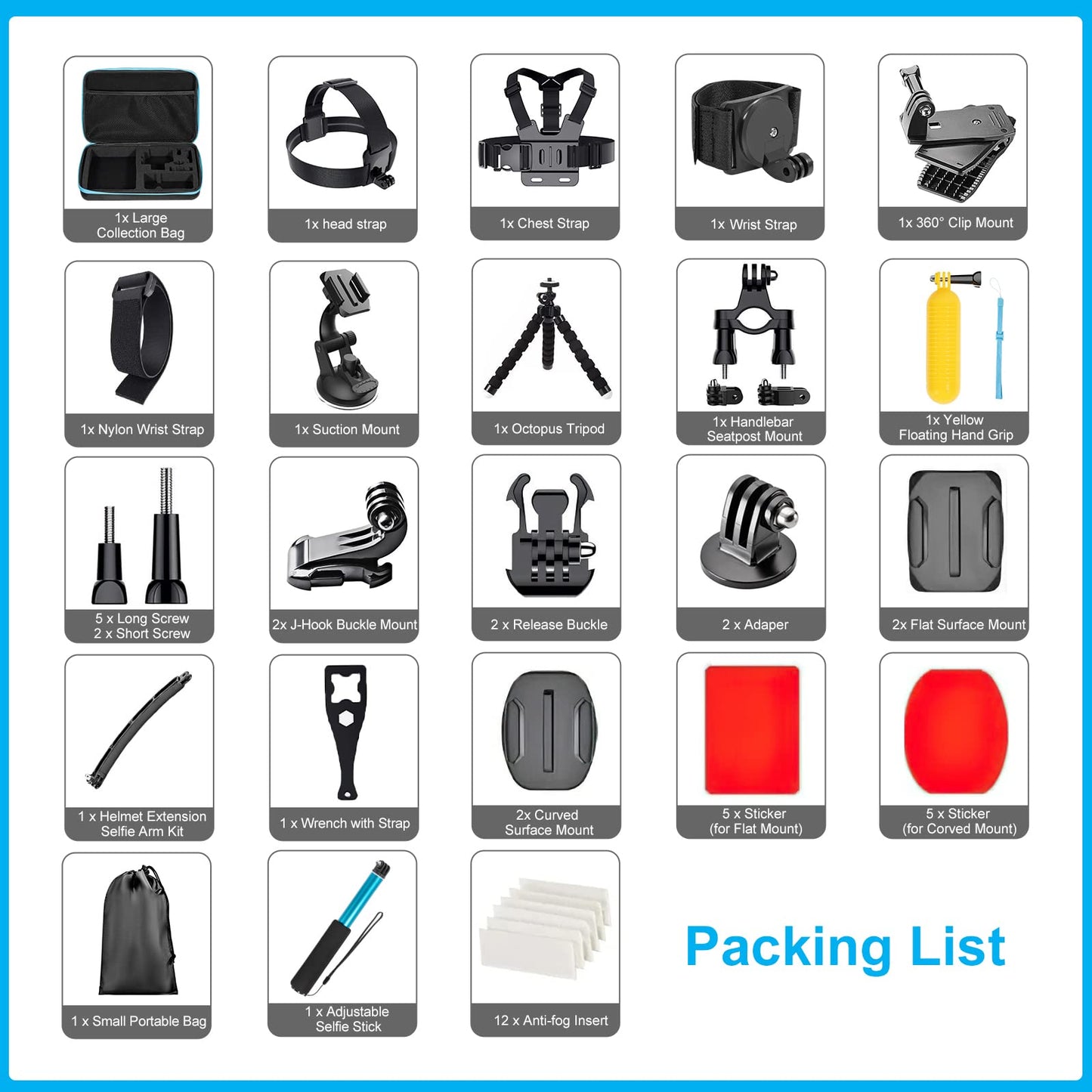 Artman Action Camera Accessories Kit 60-In-1 for GoPro Hero 13 12 11 10 9 Insta360 X4 X3 X2 GO3S DJI OSMO Action 5 4 3 SJCAM DBPOWER AKASO VicTsing APEMAN WiMiUS QUMOX Lightdow Campark Sony Sports DV