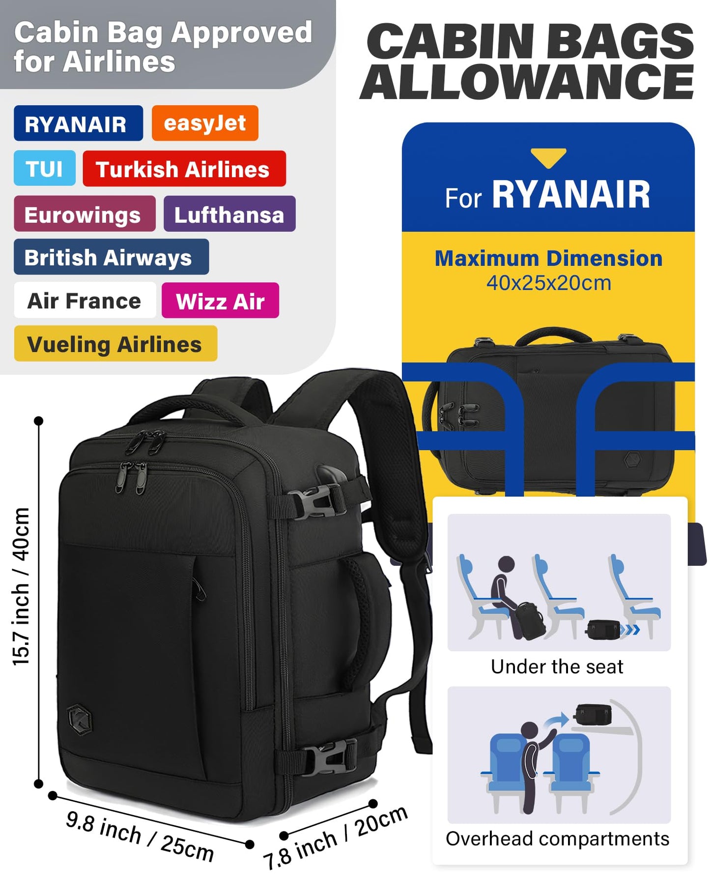 VANKEV Ryanair Cabin Bag 40x20x25 Underseat 20L