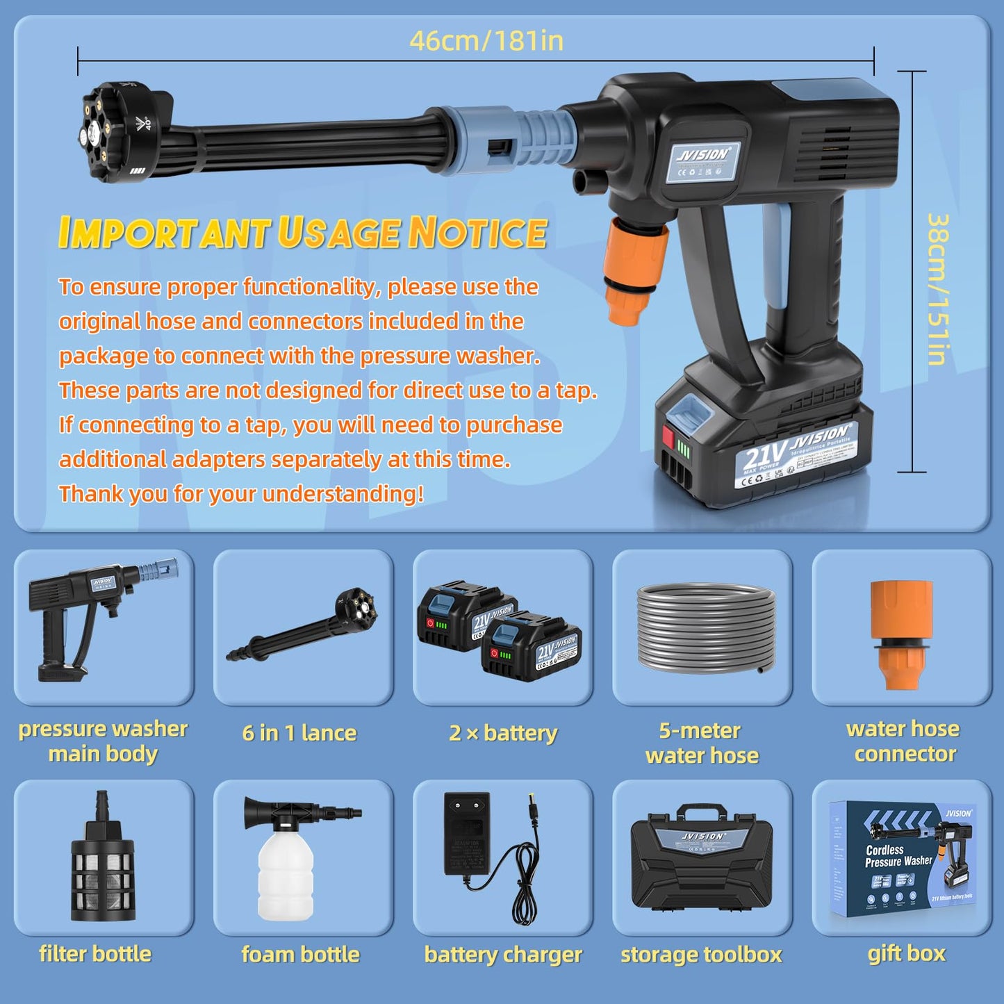 Cordless Pressure Washer, Portable Power Washer for Patio & Car, 6 in 1 Battery-Operated System with 5M Hose, Jet Wash Tool with Dual Batteries, High-Pressure Cordless Jet Cleaner