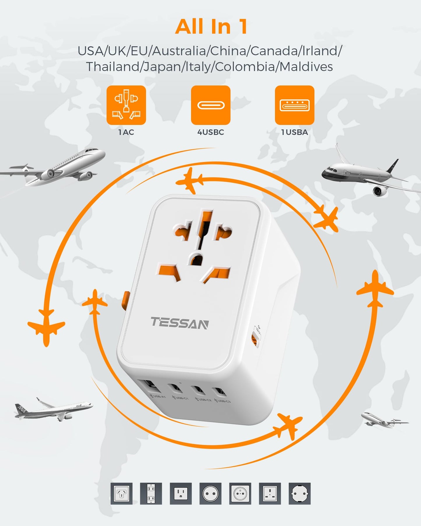 TESSAN Universal Travel Adapter Worldwide with 2 USB C and 2 USB A Ports