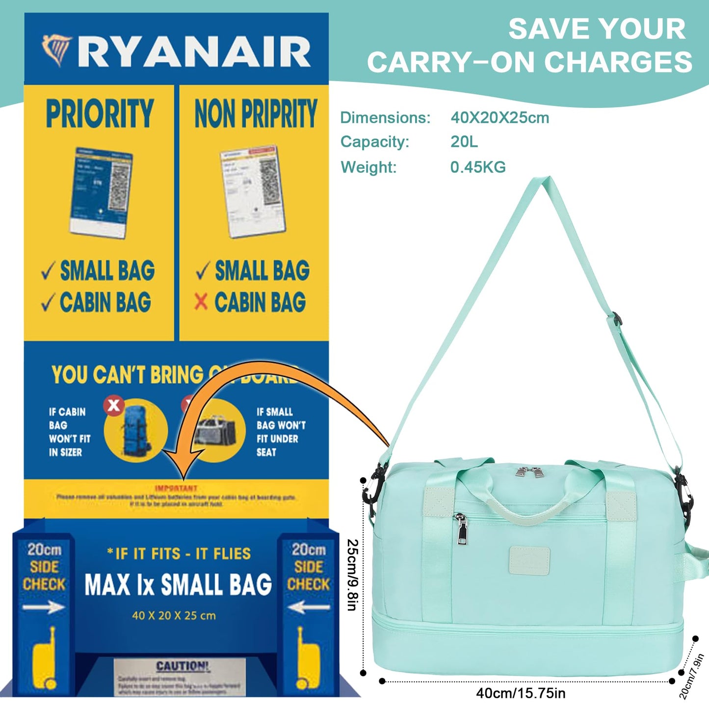 for Ryanair Cabin Bags 40x20x25 Underseat Cabin Bag