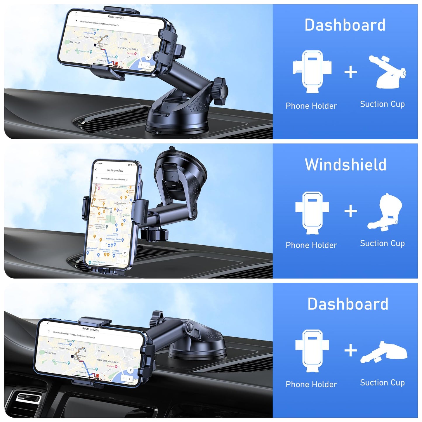 Blukar Car Phone Holder, Adjustable Car Phone Mount 360°