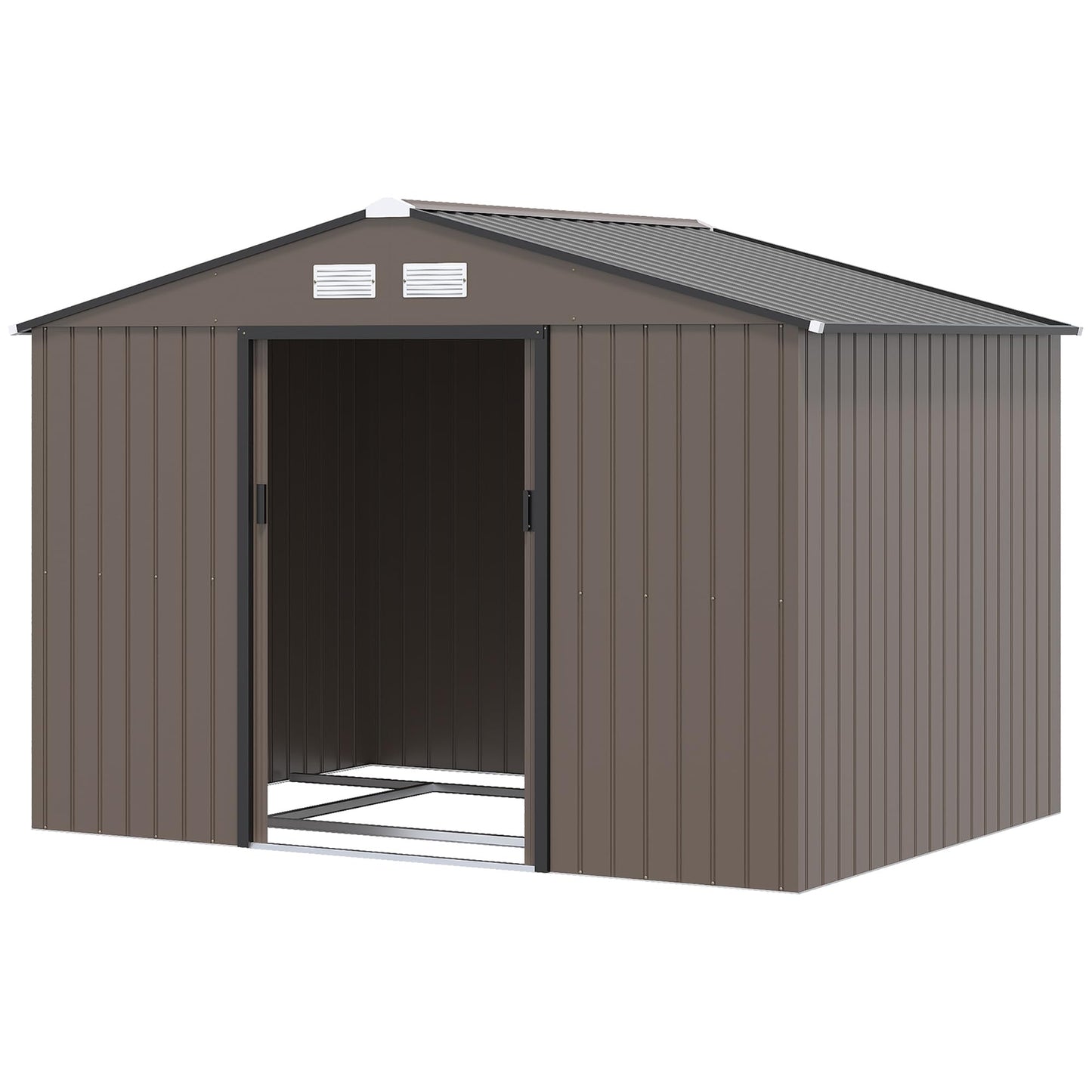 Outsunny 9 x 6ft Metal Garden Shed, Outdoor Storage Tool House with Ventilation Slots, Foundation Kit and Lockable Double Doors, Brown