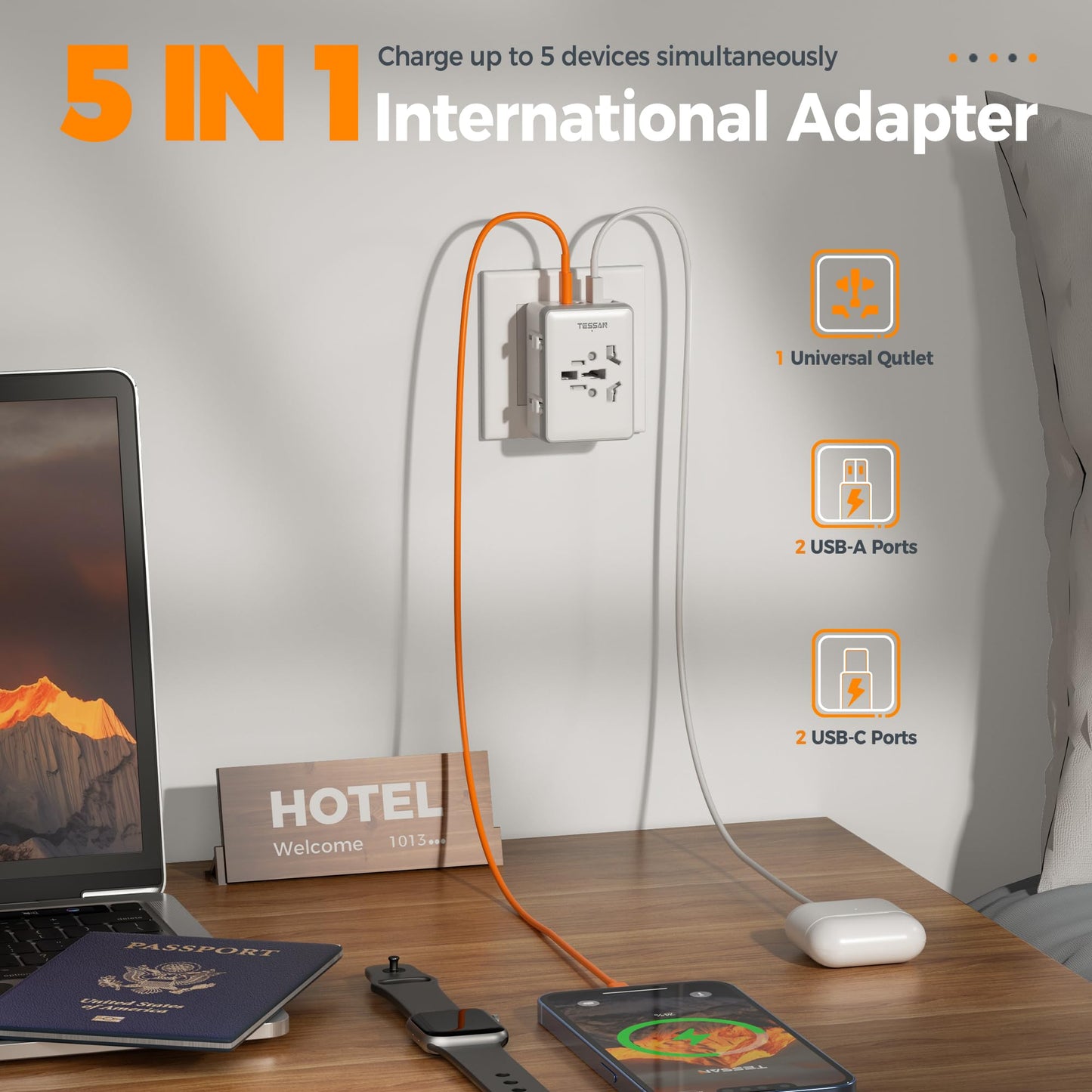 TESSAN Universal Travel Adapter Worldwide with 2 USB C and 2 USB A Ports