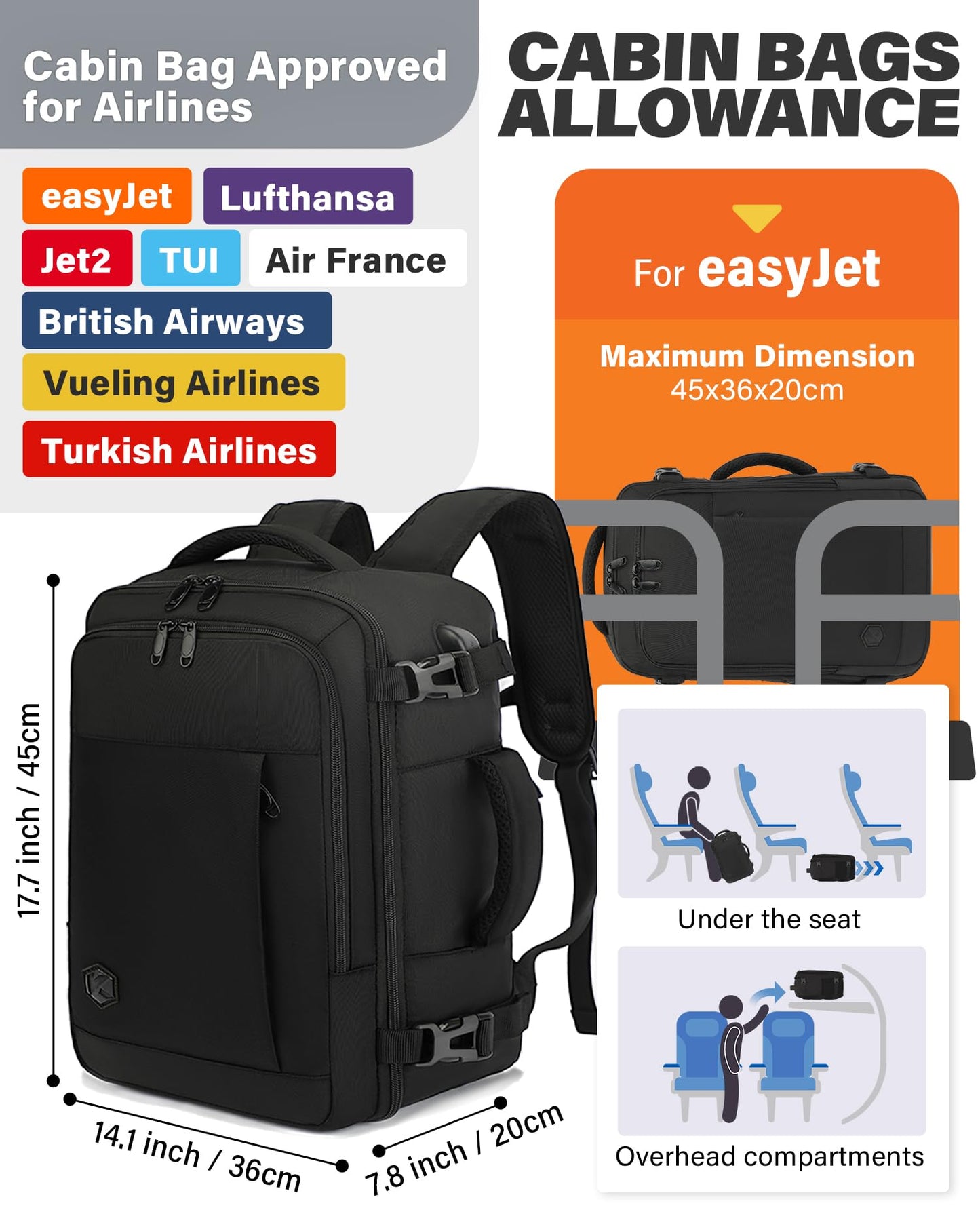 VANKEV Ryanair Cabin Bag 40x20x25 Underseat 20L