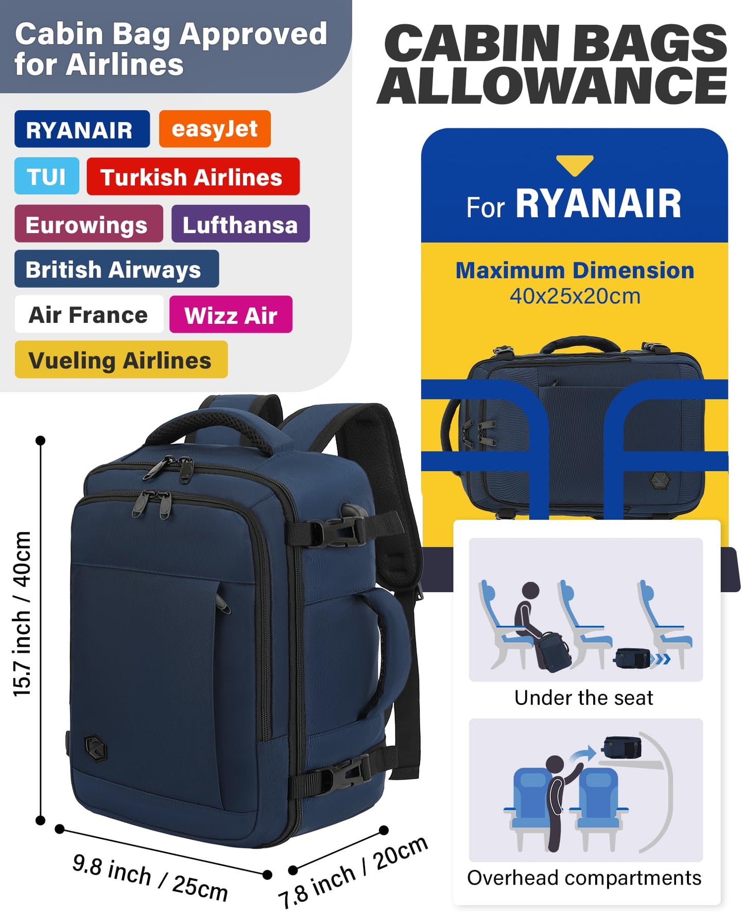VANKEV Ryanair Cabin Bag 40x20x25 Underseat 20L