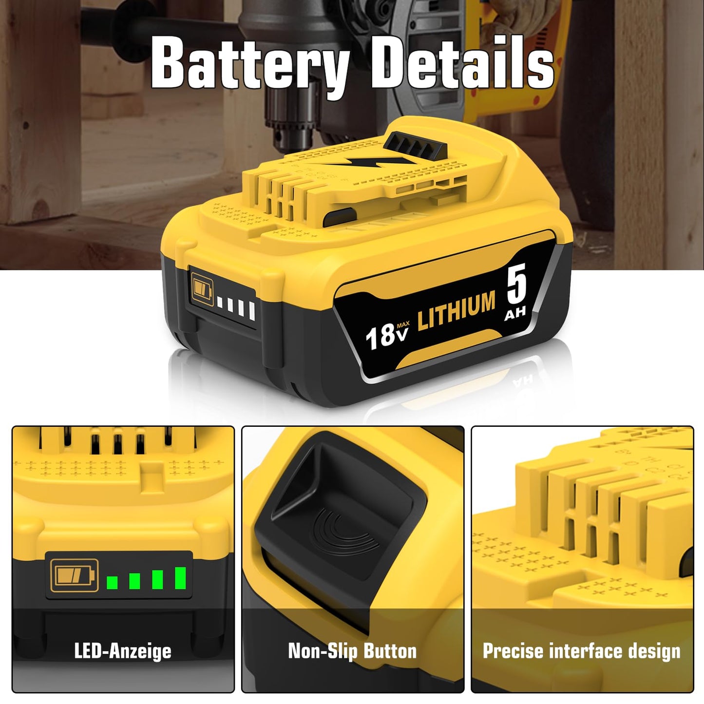 2 Pack Replacement for Dewalt battery 18V 5Ah DCB184 DCB182 DCB181 DCB180 DCB201 DCB200 DCB204 with LED Indicator