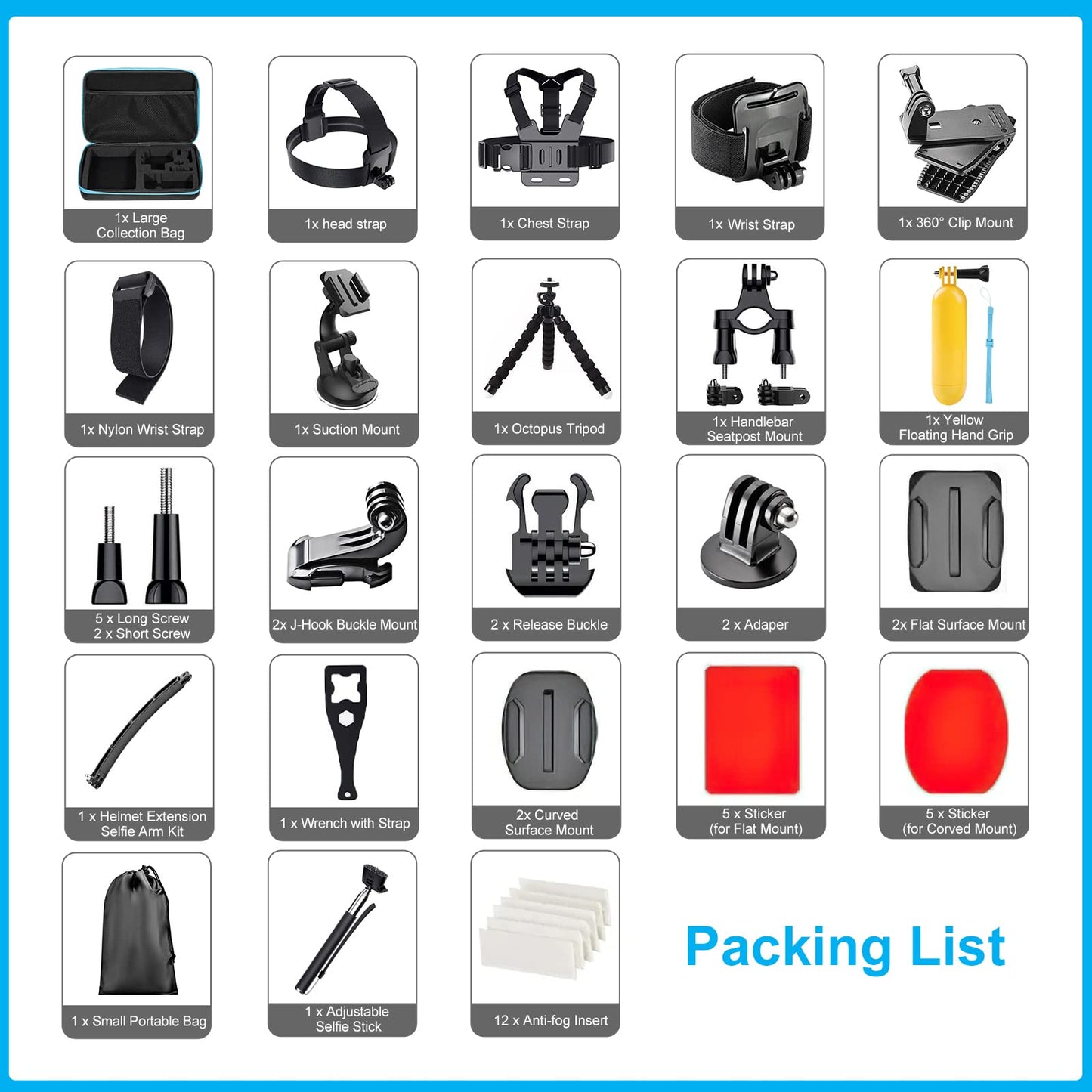 Artman Action Camera Accessories Kit 60-In-1 for GoPro Hero 13 12 11 10 9 Insta360 X4 X3 X2 GO3S DJI OSMO Action 5 4 3 SJCAM DBPOWER AKASO VicTsing APEMAN WiMiUS QUMOX Lightdow Campark Sony Sports DV