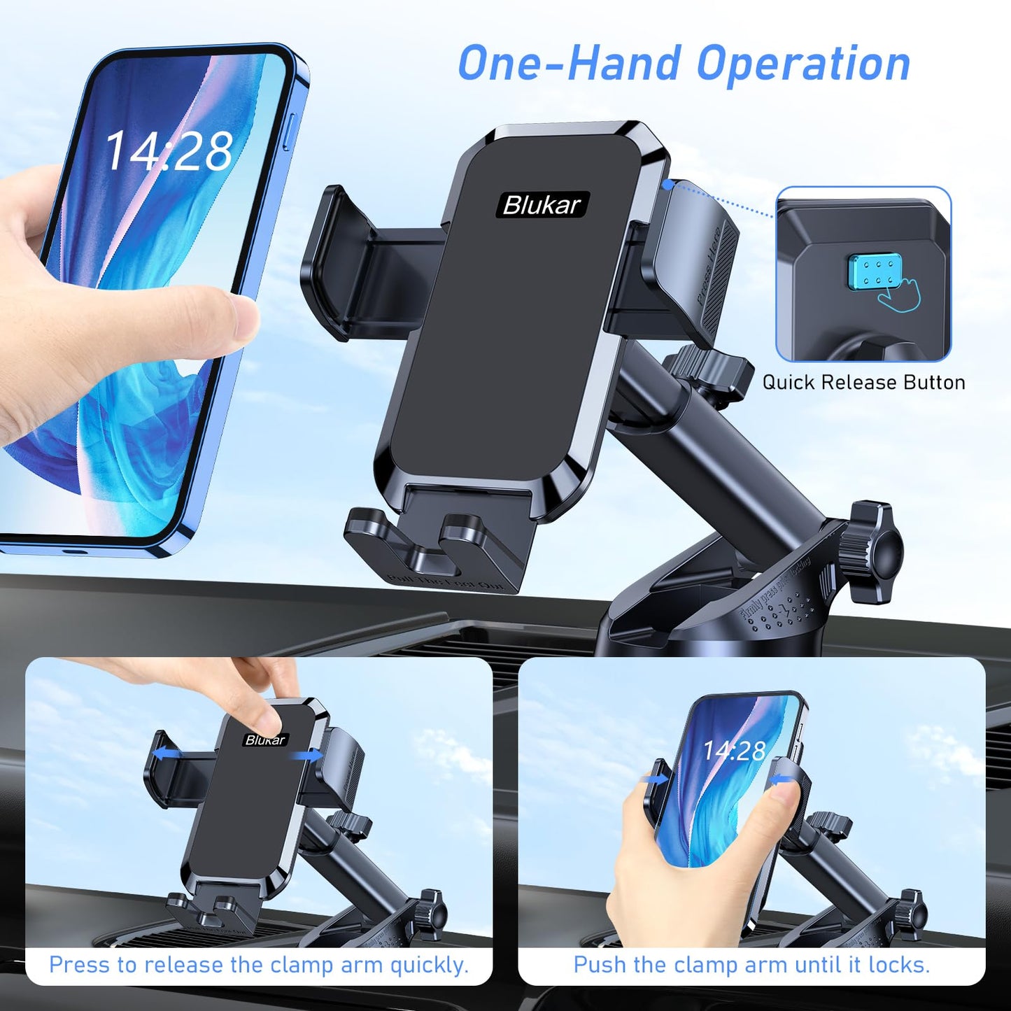 Blukar Car Phone Holder, Adjustable Car Phone Mount 360°