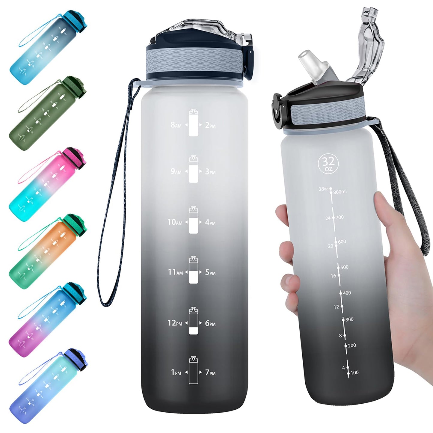EYQ Water Bottle 1L / 500ML, 16oz / 32oz Leak-Proof Motivational Sports Drinks Bottle with Time Marker, Tritan BPA-Free, Drinking Waterbottles for Fitness, School, Gym, Outdoor Sports