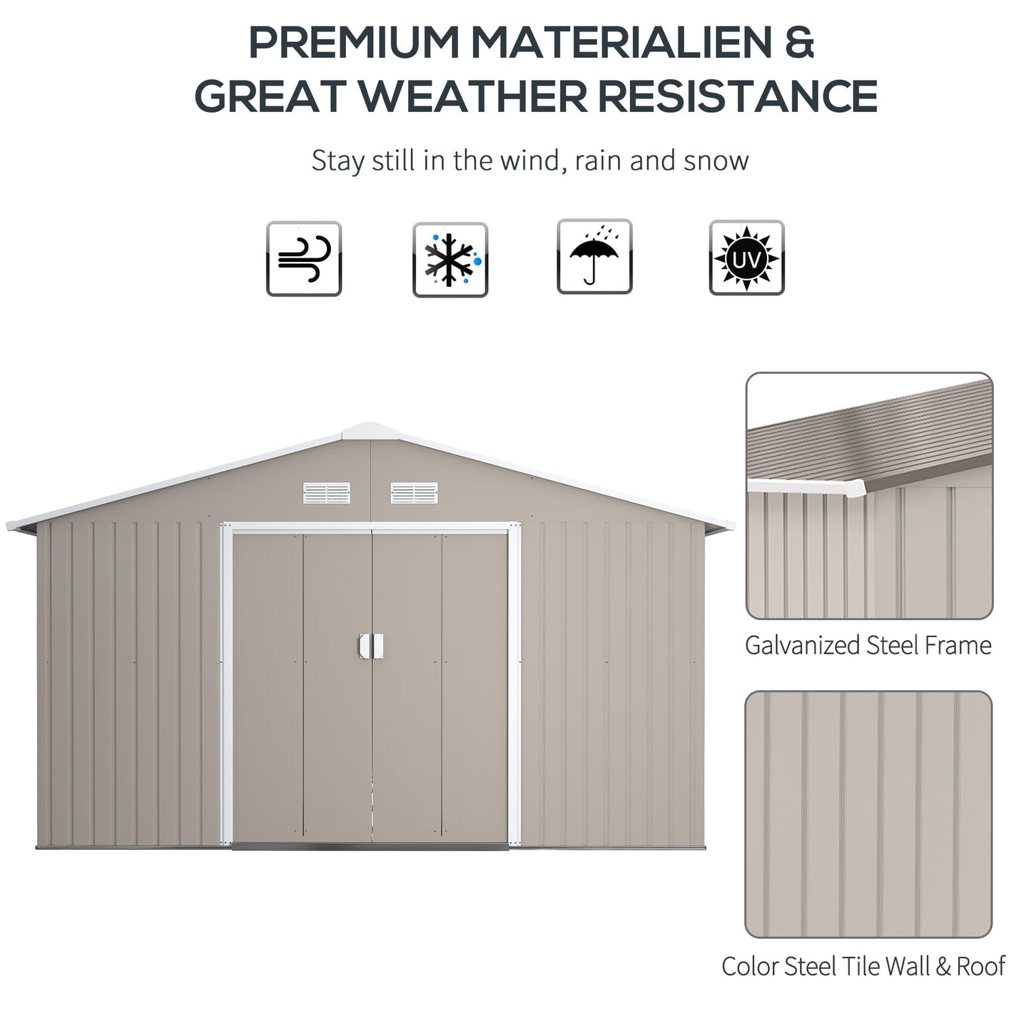 Outsunny 9 x 6ft Metal Garden Shed, Outdoor Storage Tool House with Ventilation Slots, Foundation Kit and Lockable Double Doors, Brown