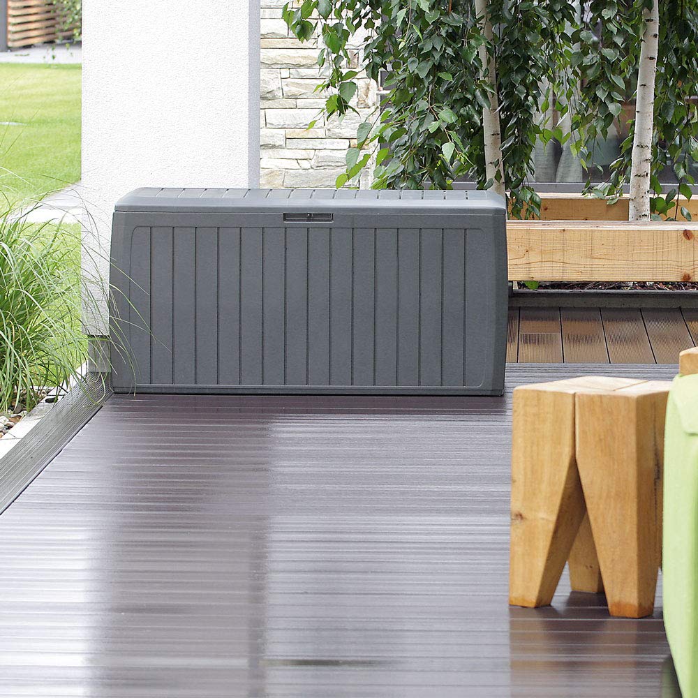 CASARIA® 290 Litre Garden Storage Box | Plastic Outdoor Tool Chest on Wheels | Lockable | Parcel Box | Log Store | Weatherproof | Wood Effect | 117x47x60cm | Brown