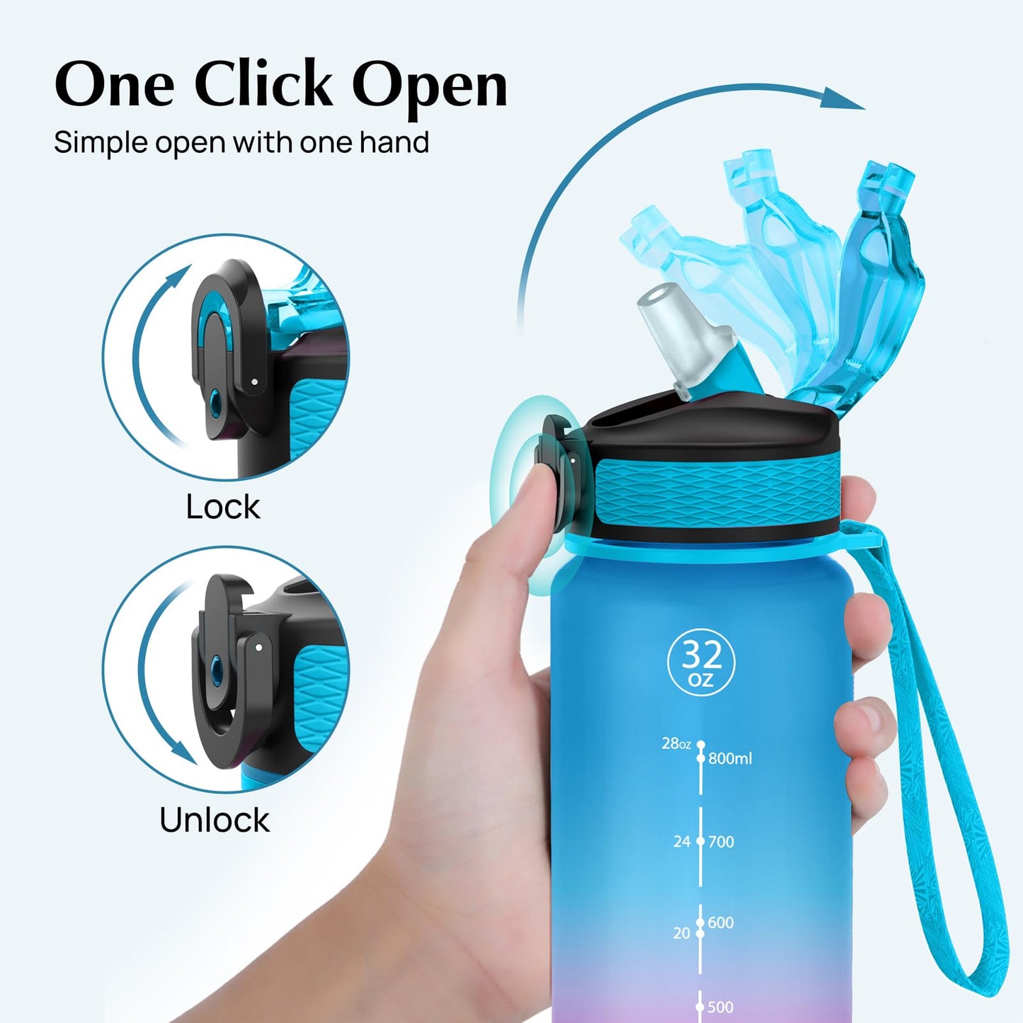 EYQ Water Bottle 1L / 500ML, 16oz / 32oz Leak-Proof Motivational Sports Drinks Bottle with Time Marker, Tritan BPA-Free, Drinking Waterbottles for Fitness, School, Gym, Outdoor Sports