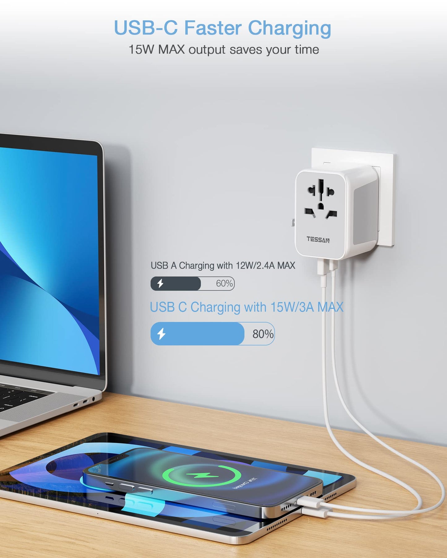 TESSAN Universal Travel Adapter Worldwide with 2 USB C and 2 USB A Ports