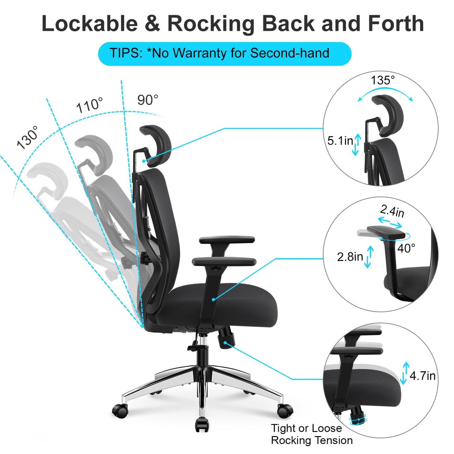 Ticova Ergonomic Office Chair - High Back Desk Chair with Adjustable Lumbar Support