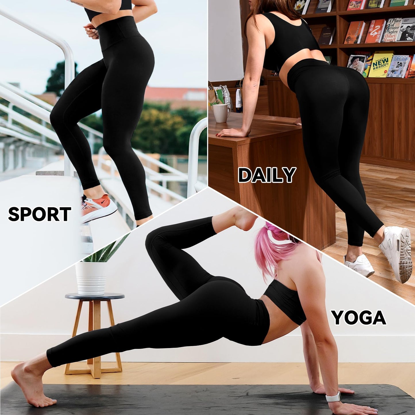 SINOPHANT Pack of 3 Women's High Waist Opaque Black Leggings for Gym Yoga Sports