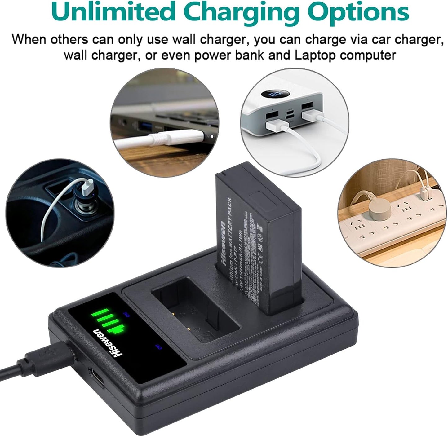 Hisewen LP-E17 Battery and Dual Charger, 2 Pack Replacement Battery for Canon Eos R10, Eos RP, Eos R8, Eos R50, Rebel T8i, T7i, T6i, T6s, EOS M3, M5, M6, EOS 200D, 77D, 750D, 760D, 800D
