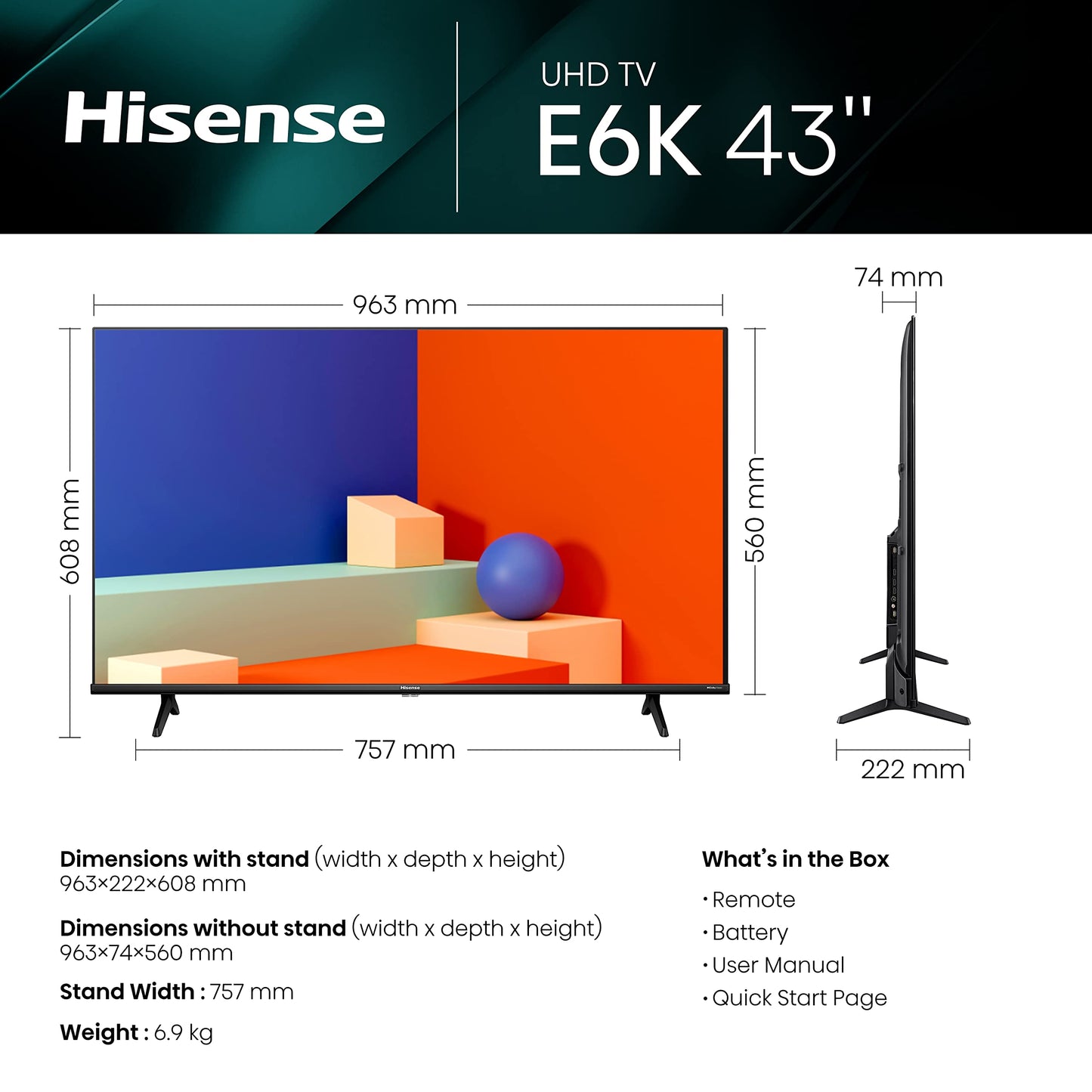 Hisense 43 Inch 4K Smart TV 43E6NTUK - Dolby Vision, Game Mode PLUS with 60Hz VRR ALLM, Smooth Motion, AI Sports Mode, Vidaa OS with Freely, Youtube, Netflix and Disney+ & Now TV (2024 Model)