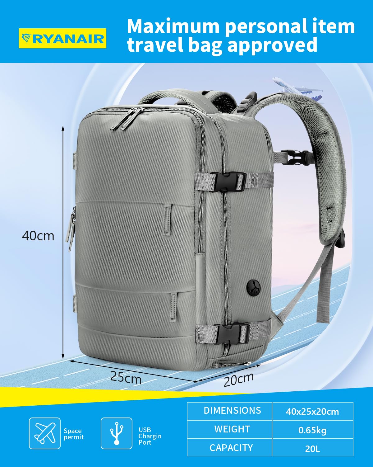 Cabin Bags for Ryanair 40x20x25 Underseat Travel Bag