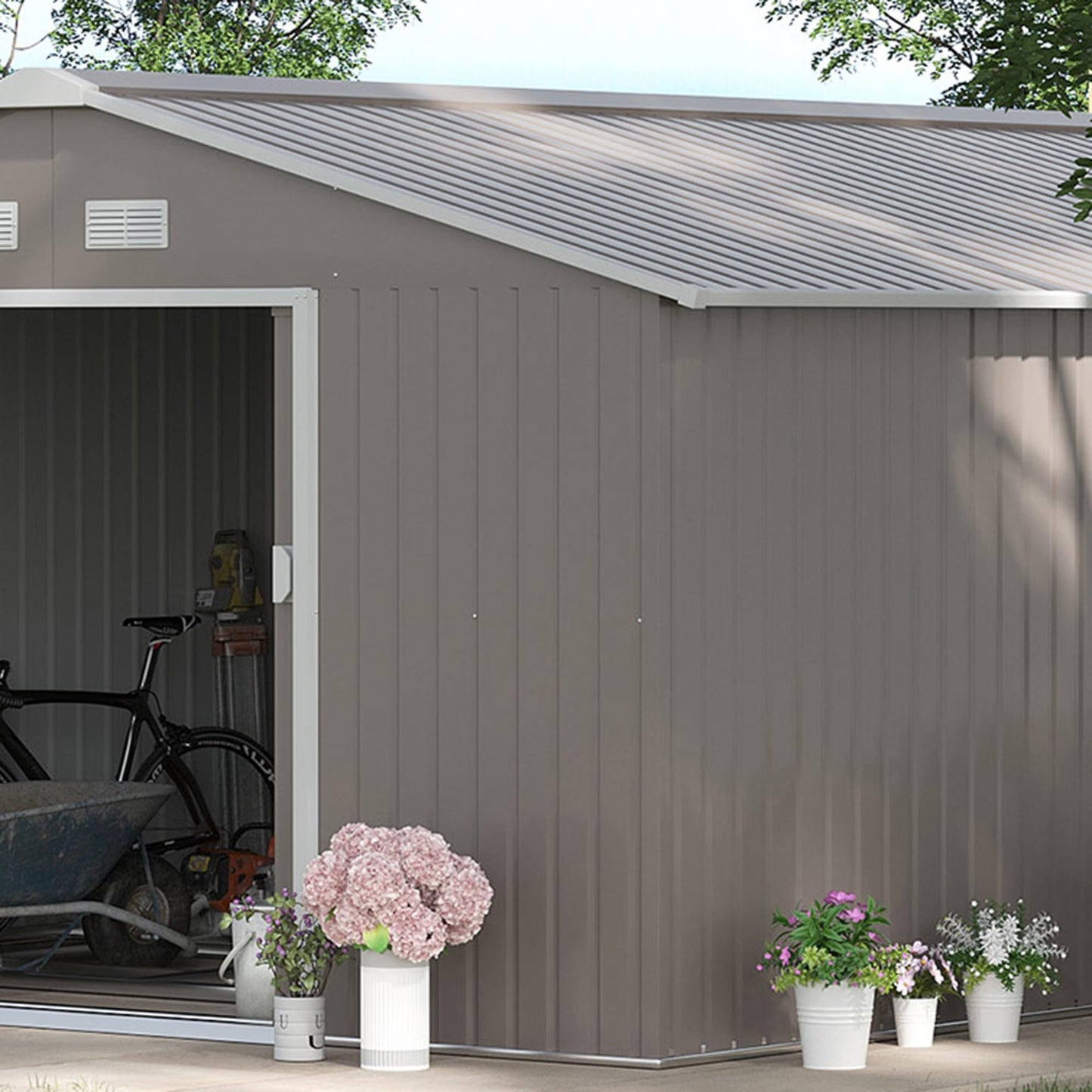 Outsunny 9 x 6ft Metal Garden Shed, Outdoor Storage Tool House with Ventilation Slots, Foundation Kit and Lockable Double Doors, Brown