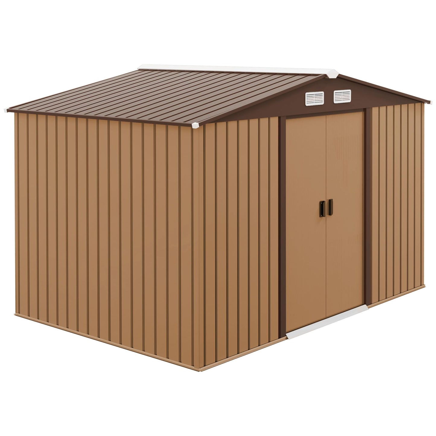 Outsunny 9 x 6ft Metal Garden Shed, Outdoor Storage Tool House with Ventilation Slots, Foundation Kit and Lockable Double Doors, Brown