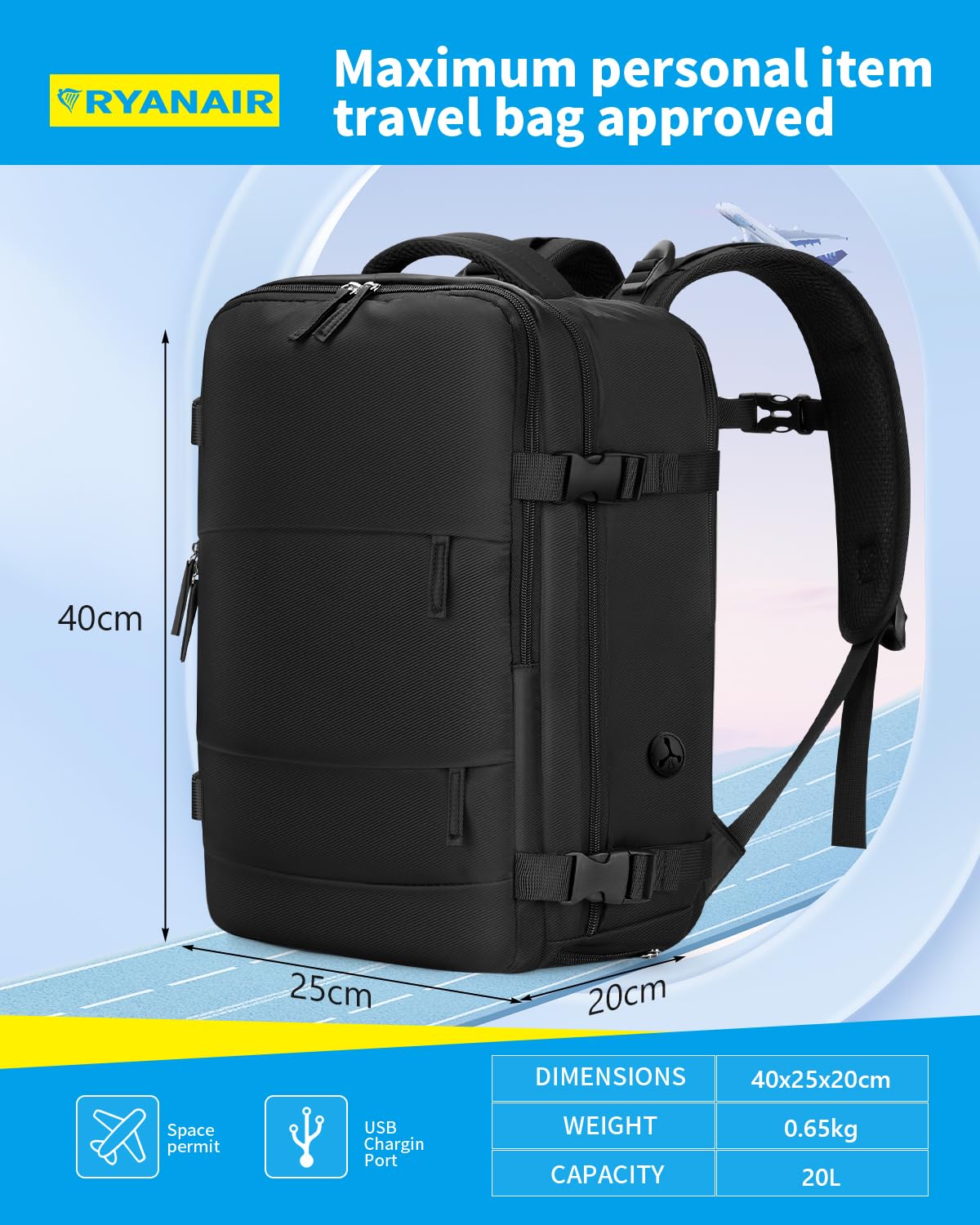 Cabin Bags for Ryanair 40x20x25 Underseat Travel Bag