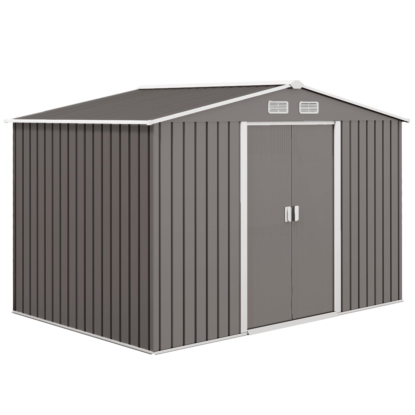 Outsunny 9 x 6ft Metal Garden Shed, Outdoor Storage Tool House with Ventilation Slots, Foundation Kit and Lockable Double Doors, Brown