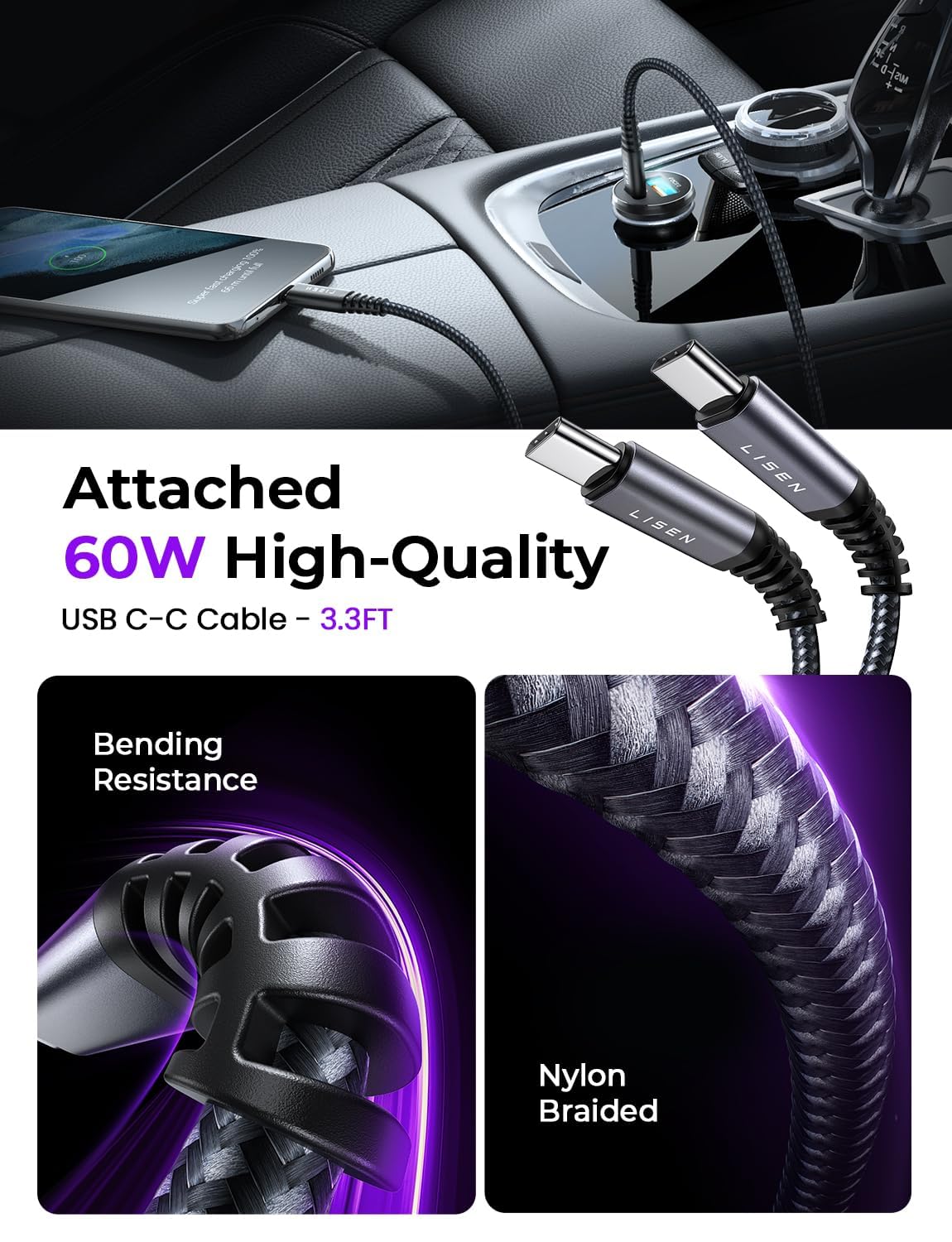 LISEN Car Charger Adapter USB C 54W 12V USB Socket