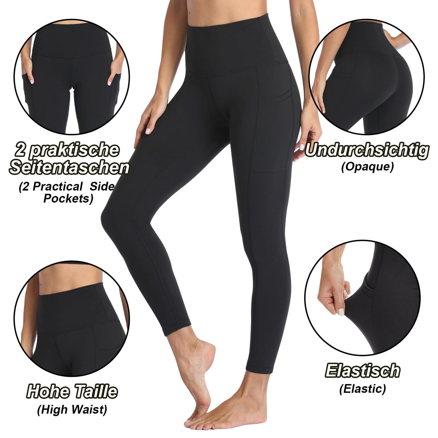 FOTOCITI Gym Leggings for Women with Pockets Black High Waisted Leggings Soft Elastic Opaque Tummy Control Slim Trousers Sports Workout Running Yoga Pants