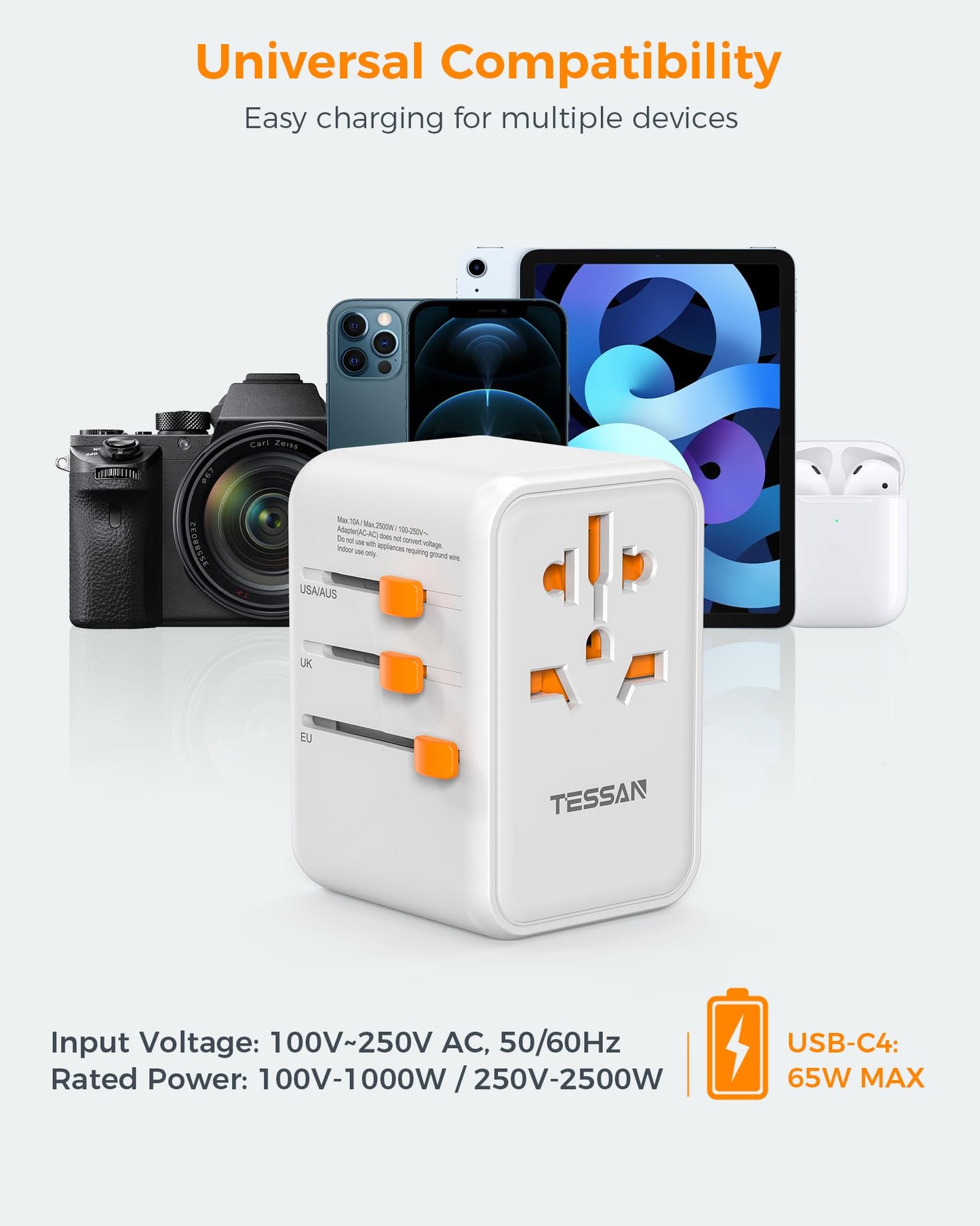 TESSAN Universal Travel Adapter Worldwide with 2 USB C and 2 USB A Ports