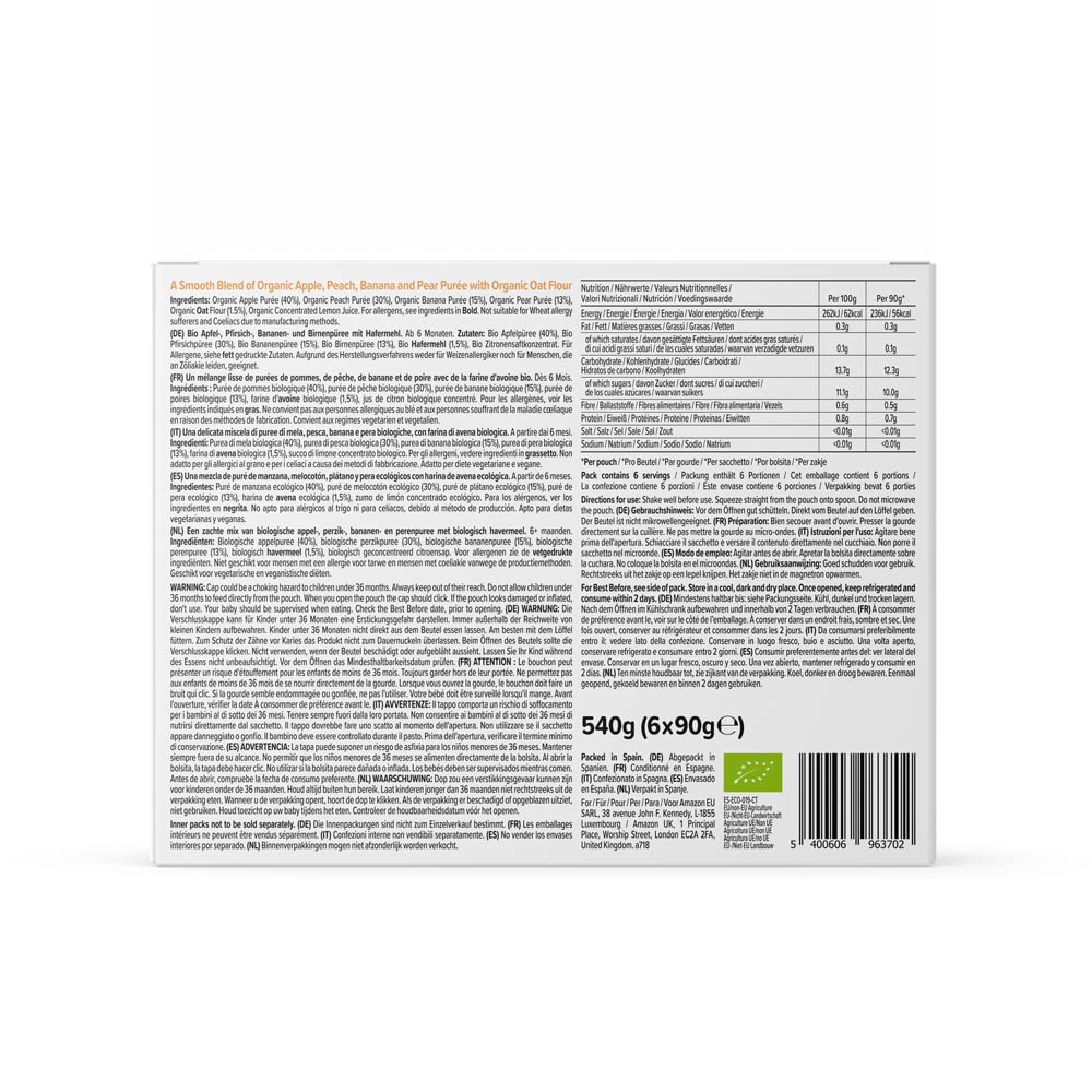 Amazon Brand - Mama Bear Fruit Pouch, Organic Apple, Banana and Strawberry Purée, vegetarian, 90 g (Pack of 6)