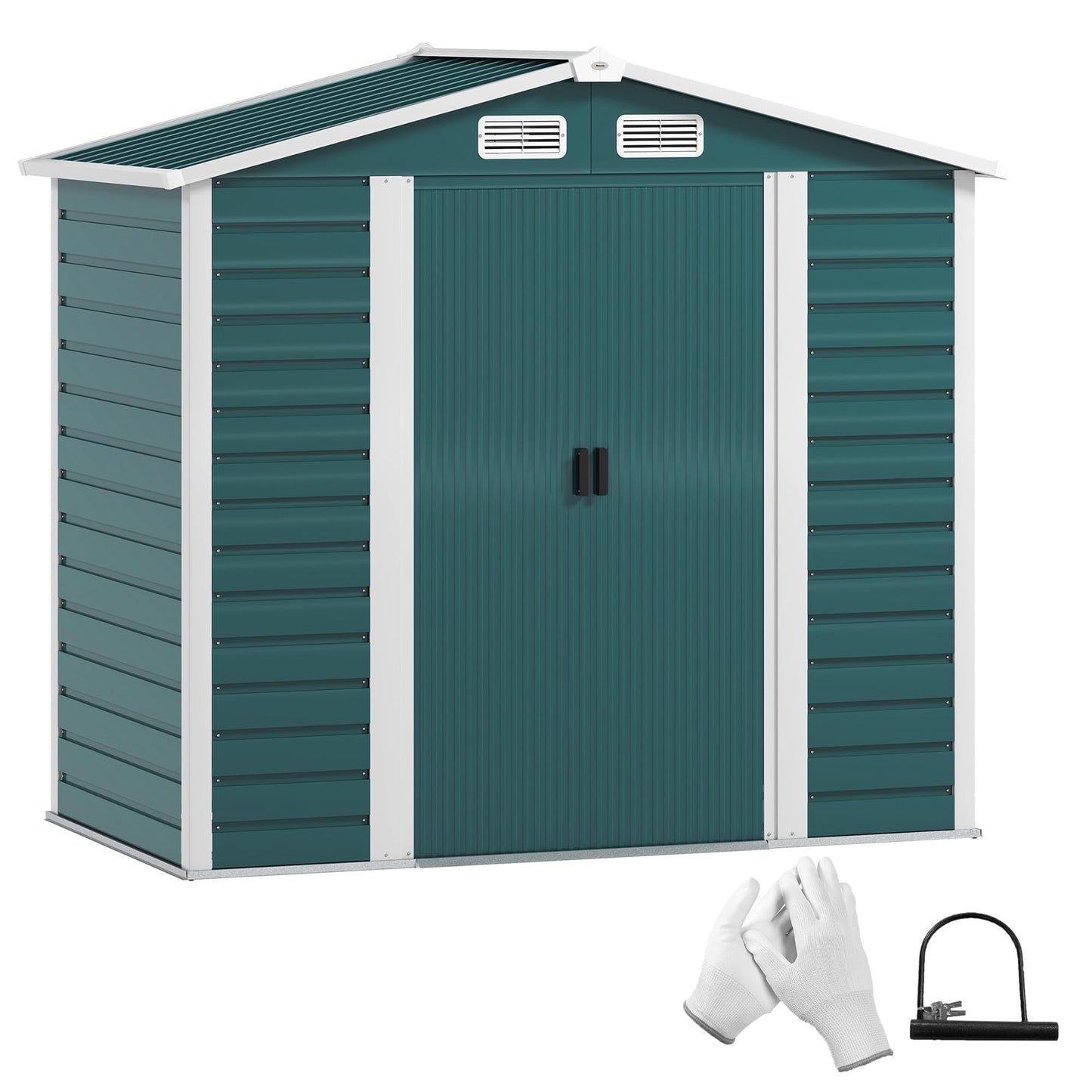 Outsunny 7 x 4ft Garden Shed, Easy to Assemble, Upgraded Galvanised Steel Frame with Foundation Kit, Double Doors with Lock, Outdoor Metal Shed with Vents and Gloves, Garden Storage Shed, Dark Grey