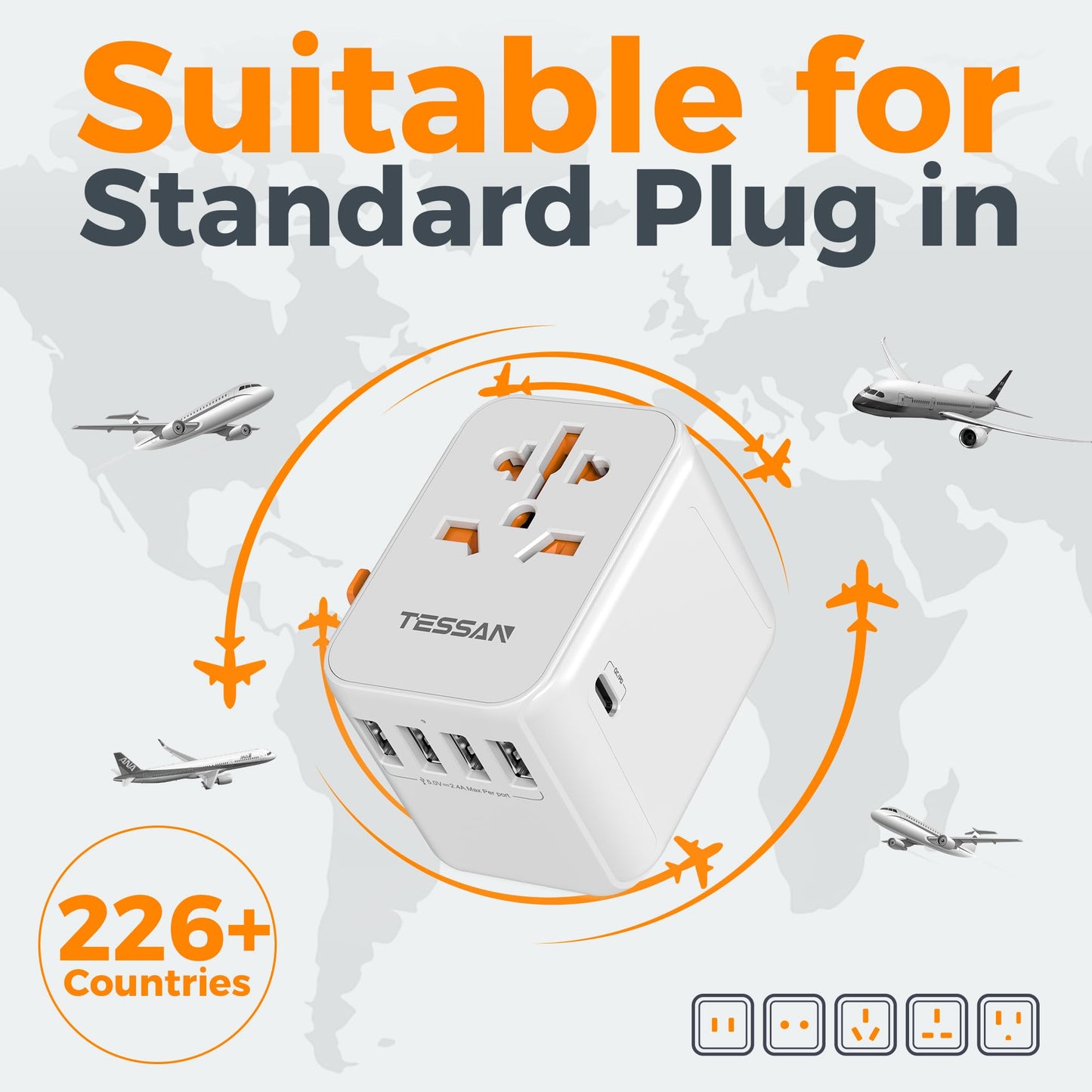 TESSAN Universal Travel Adapter Worldwide with 2 USB C and 2 USB A Ports